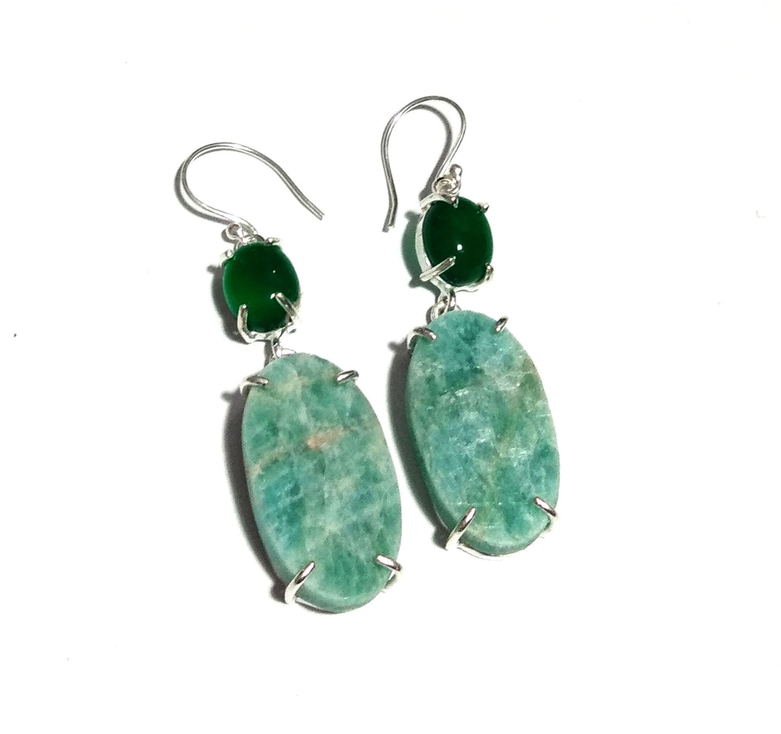 Natural Amazonite/Onyx Earring, 925 Solid Starling Silver Earring, Top Quality Amazonite Stone Size 28x15 mm For Gift Birthday Earring