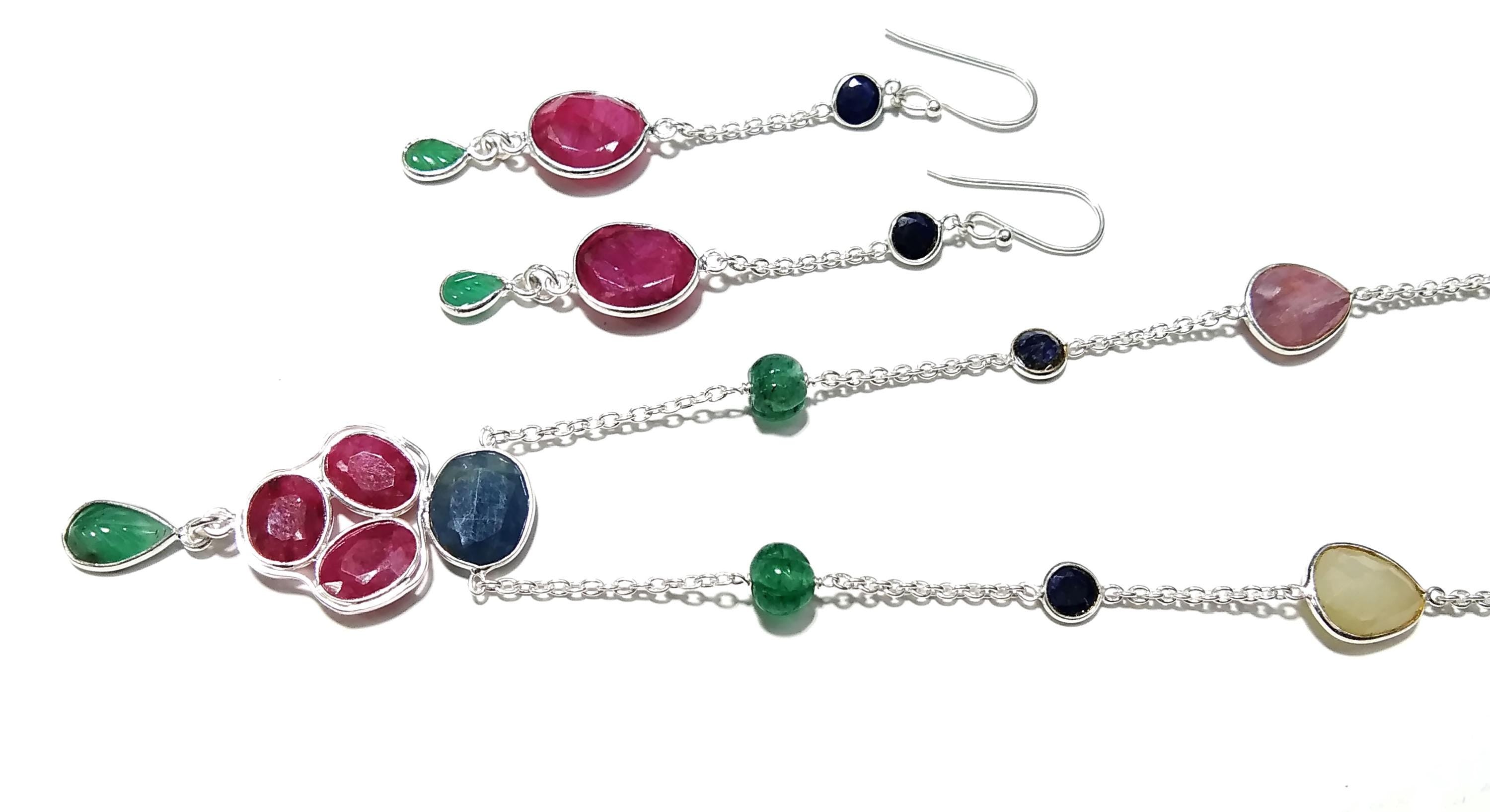 Natural Red Ruby/Multi Tourmaline Gemstone Necklace Earring Jewelry Set, 925 Sterling Silver Necklace Earring Jewelry Gift For Girls & Women