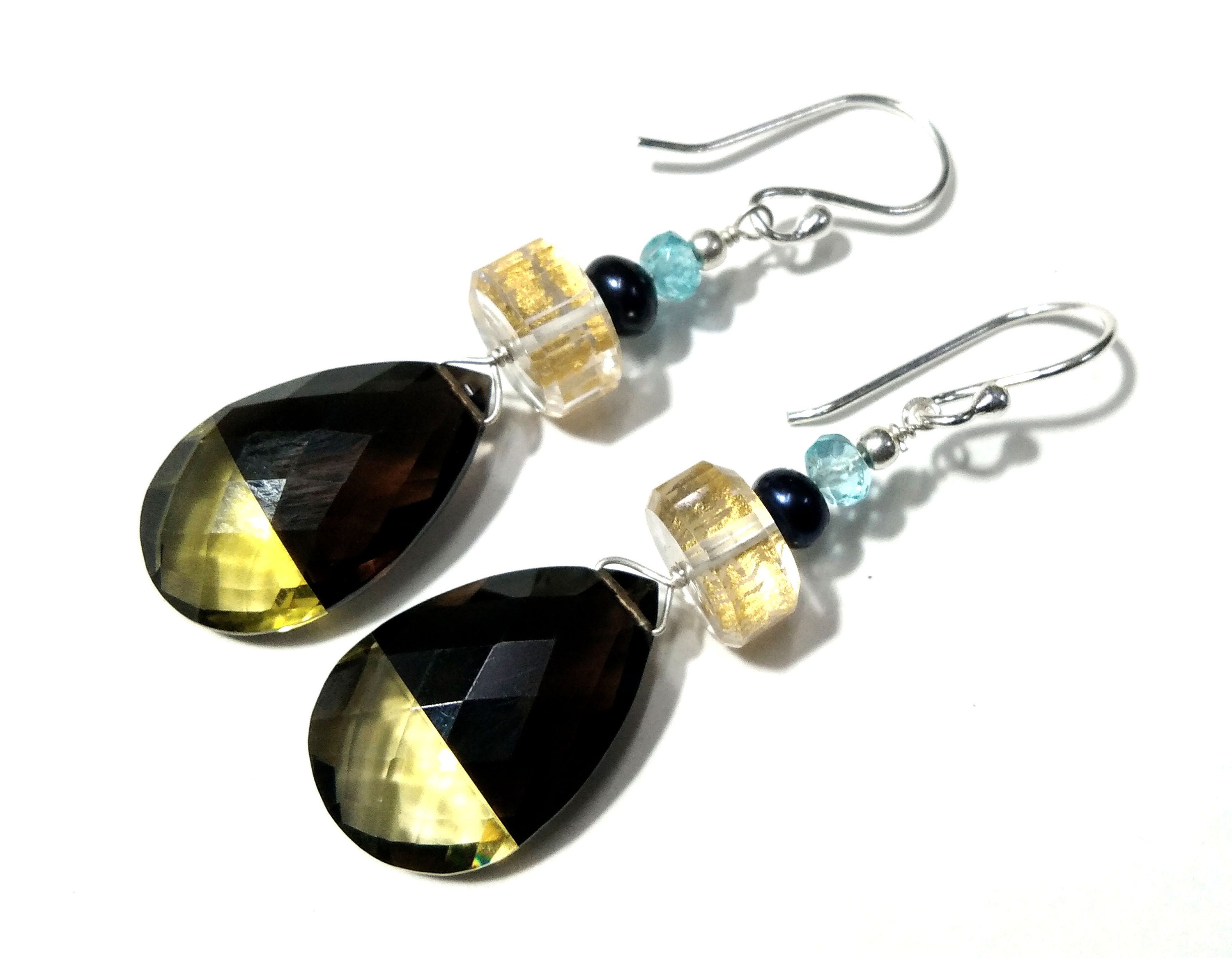 Natural Doublet Gemstone Lemon & Smoky Quartz Multi Stone Earrings, With 925 Starling Silver Jewelry Earrings, For Gifts Girls/Women