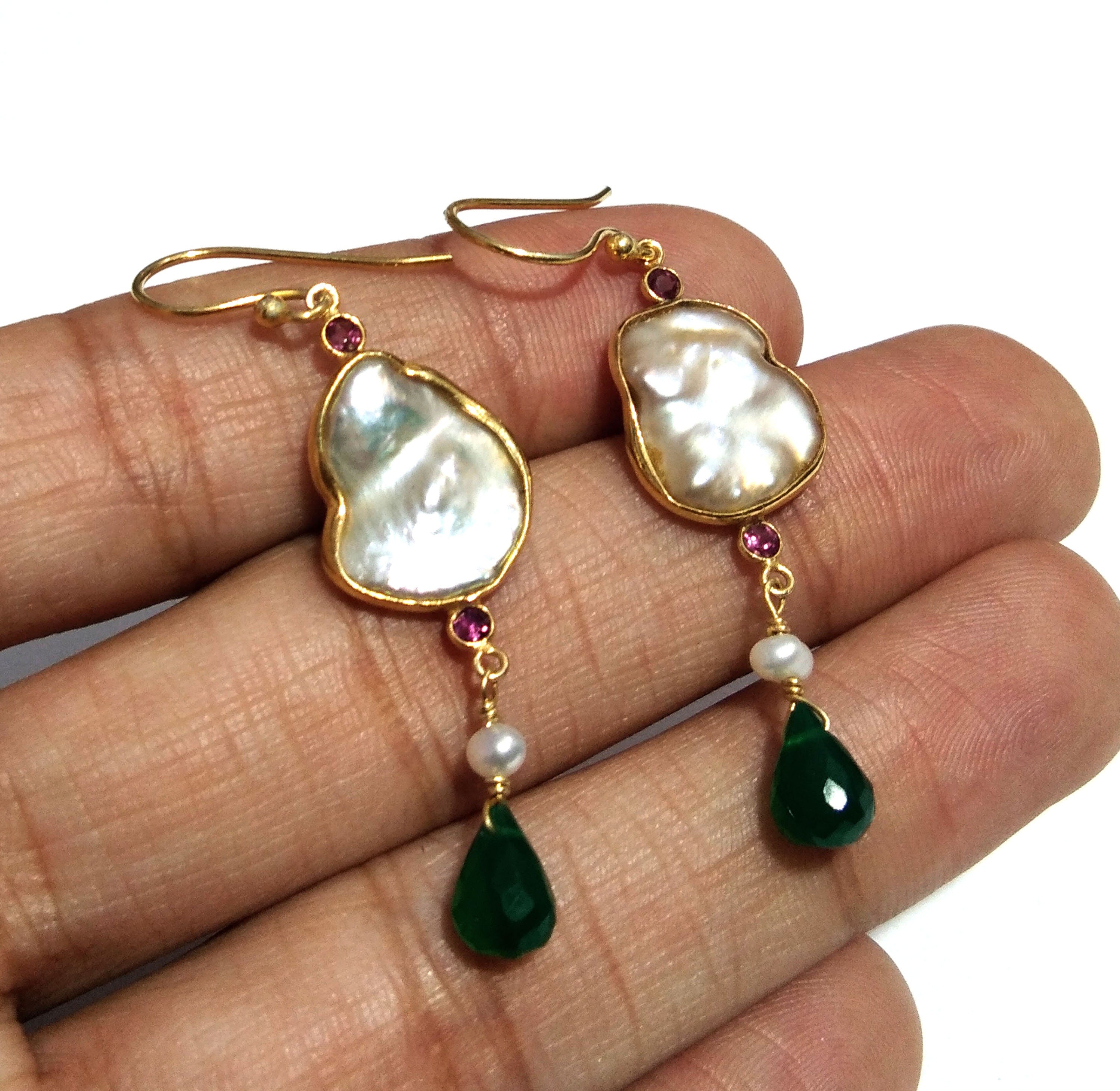 Natural Fresh Water Baroque Pearl/Green Onyx Stone Drop Earring, 925 Solid Starling Silver Gold Plated Earring, Stone Size 16x12 mm Earring