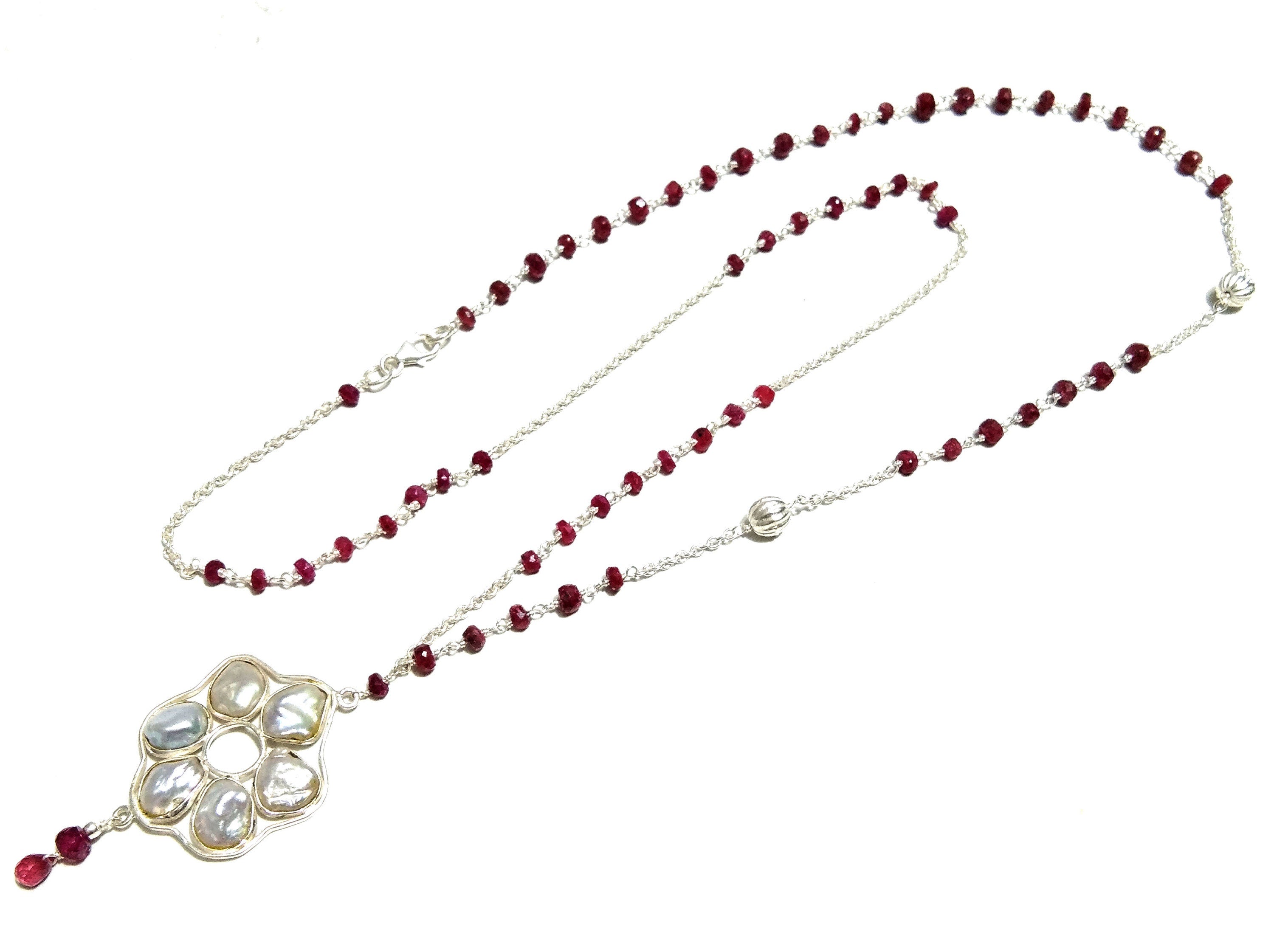 Log Chain Necklace, Natural Baroque Pearl & Red Ruby Necklace, 925 Starling Silver Log Chain Necklace,36''Inches Adjuster Chain Necklace