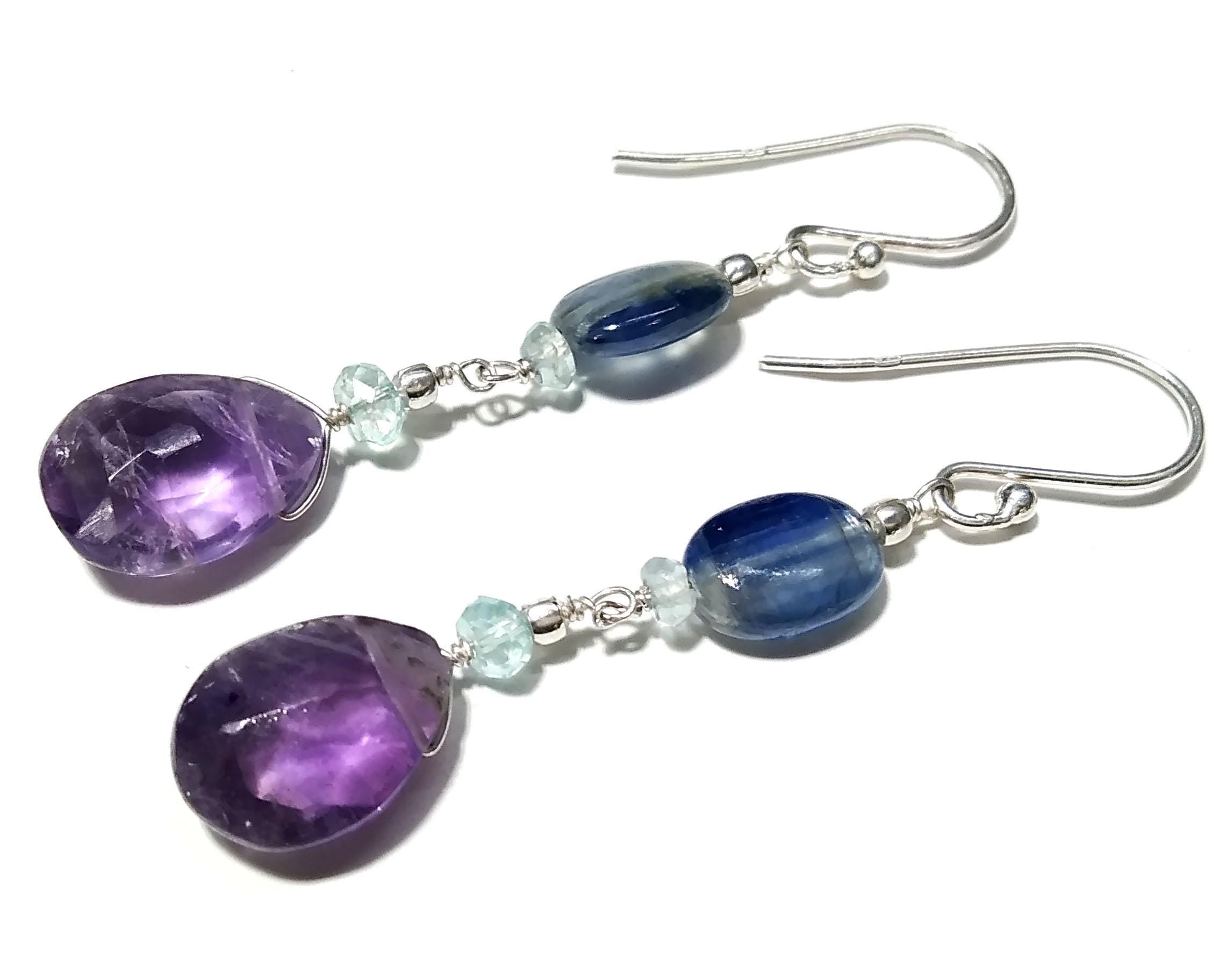 Natural Kyanite/Amethyst Earrings, 925 Solid Starling Silver Earring, Amethyst Stone Handmade Earring, Gift Women Bridesmaid Earring Stone