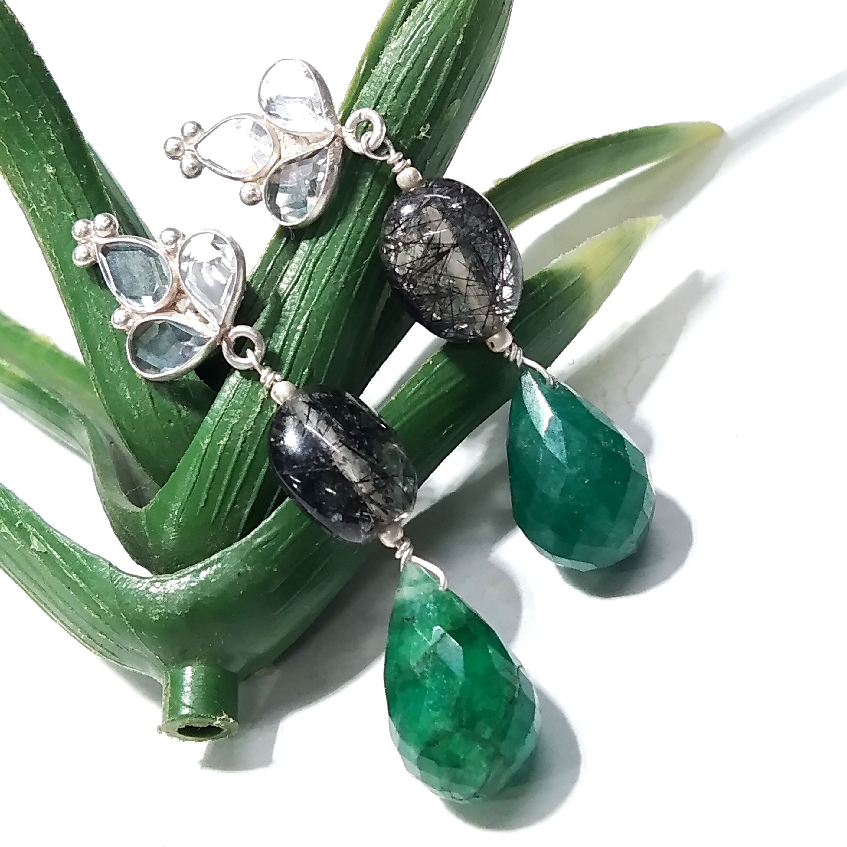 Beautiful Rutile Quartz/Zircon And Green Jade Gemstone Earrings ! 925 Silver With Natural Gemstone Zircon Faceted & Rutile Quartz Earrings