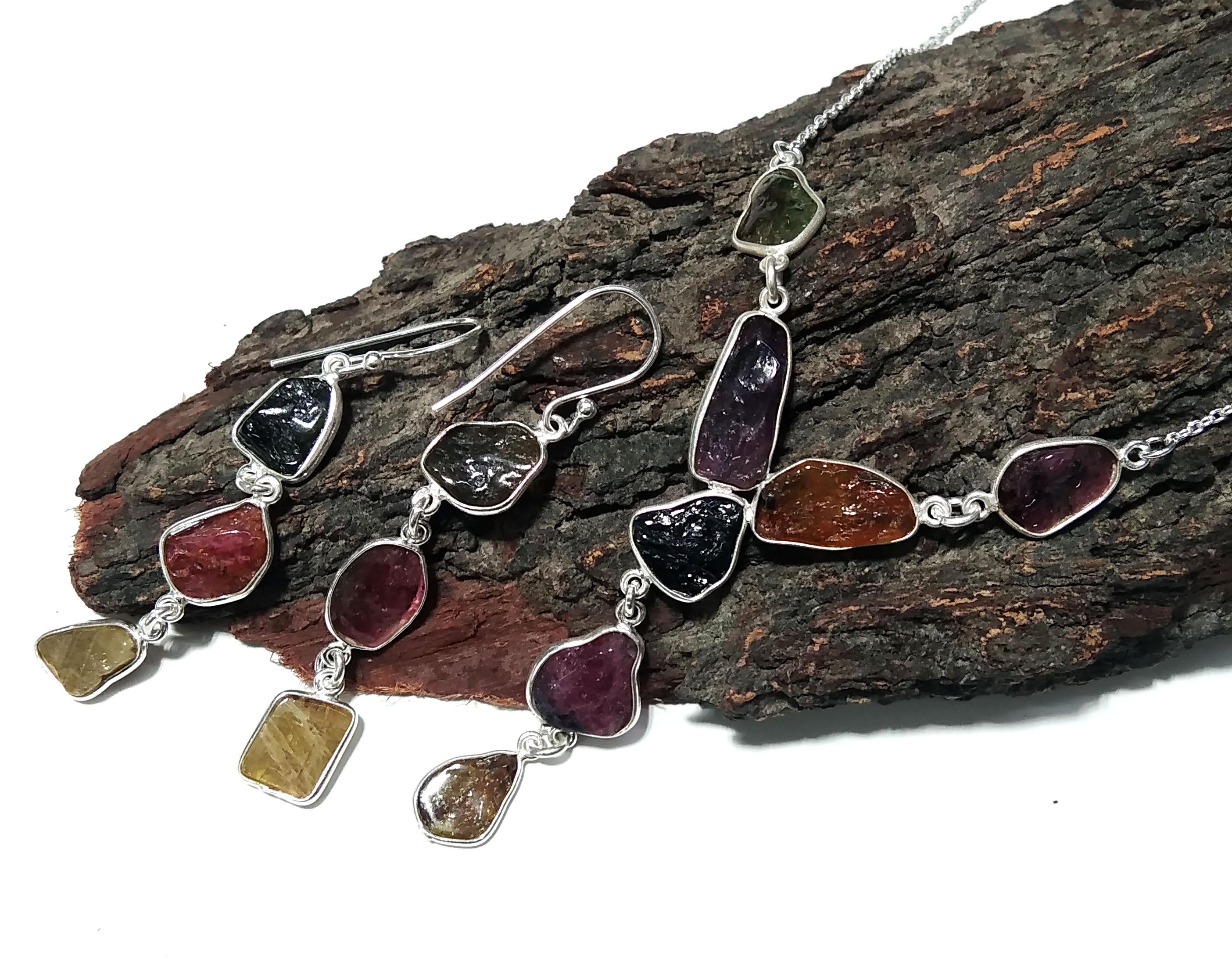 Natural Multi Tourmaline Gemstone Necklace Earring Jewelry Set, 925 Sterling Silver Necklace Earrings Jewelry, Gift For Her May Birthstone