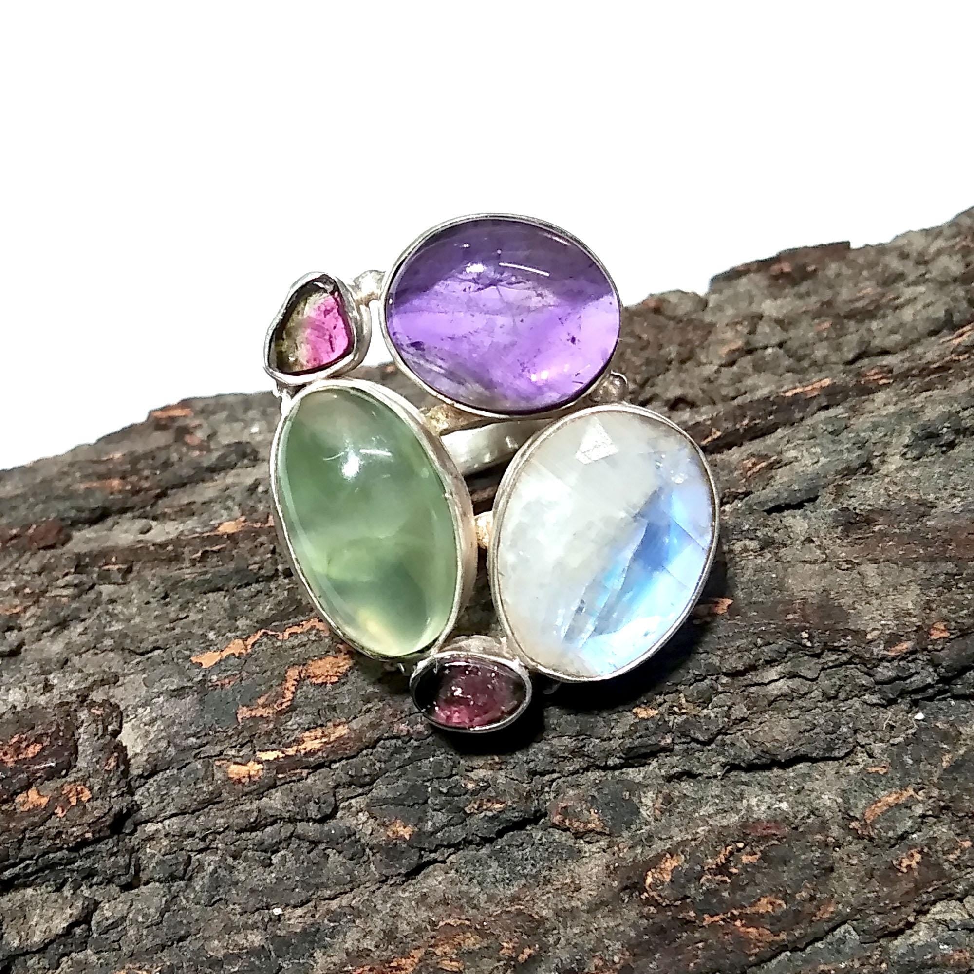 Natural Multi Color Gemstone Ring, 925 Solid Sterling Silver Ring, Multi Mix Color Stone Handmade Ring, Statement Ring Birthday Ring Jewelry