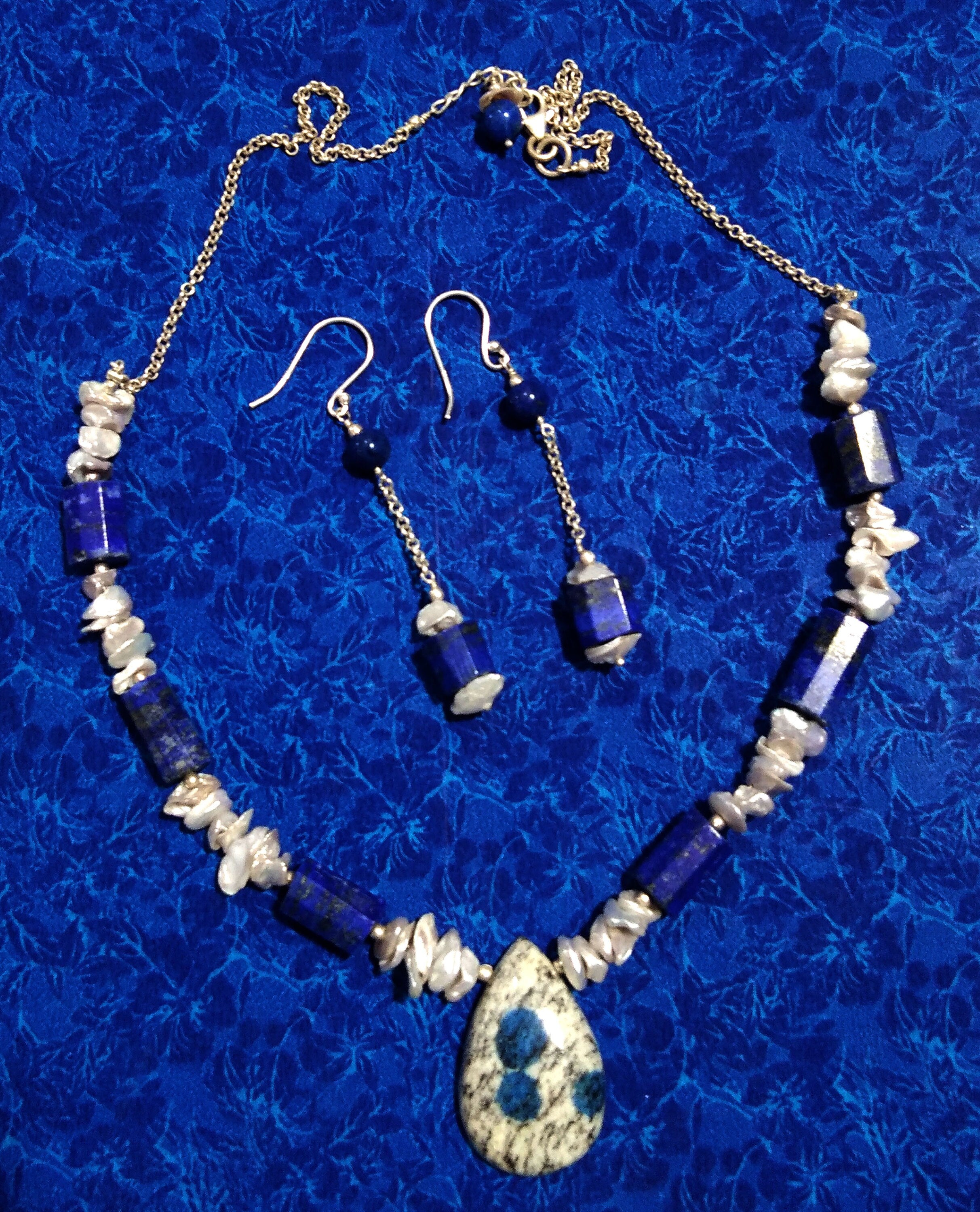 Natural k2 Jasper/Lapis/Pearl Gemstone Beads Necklace Set Jewelry, 925 Sterling Silver Necklace, Beaded Necklace Statement For Jewelry