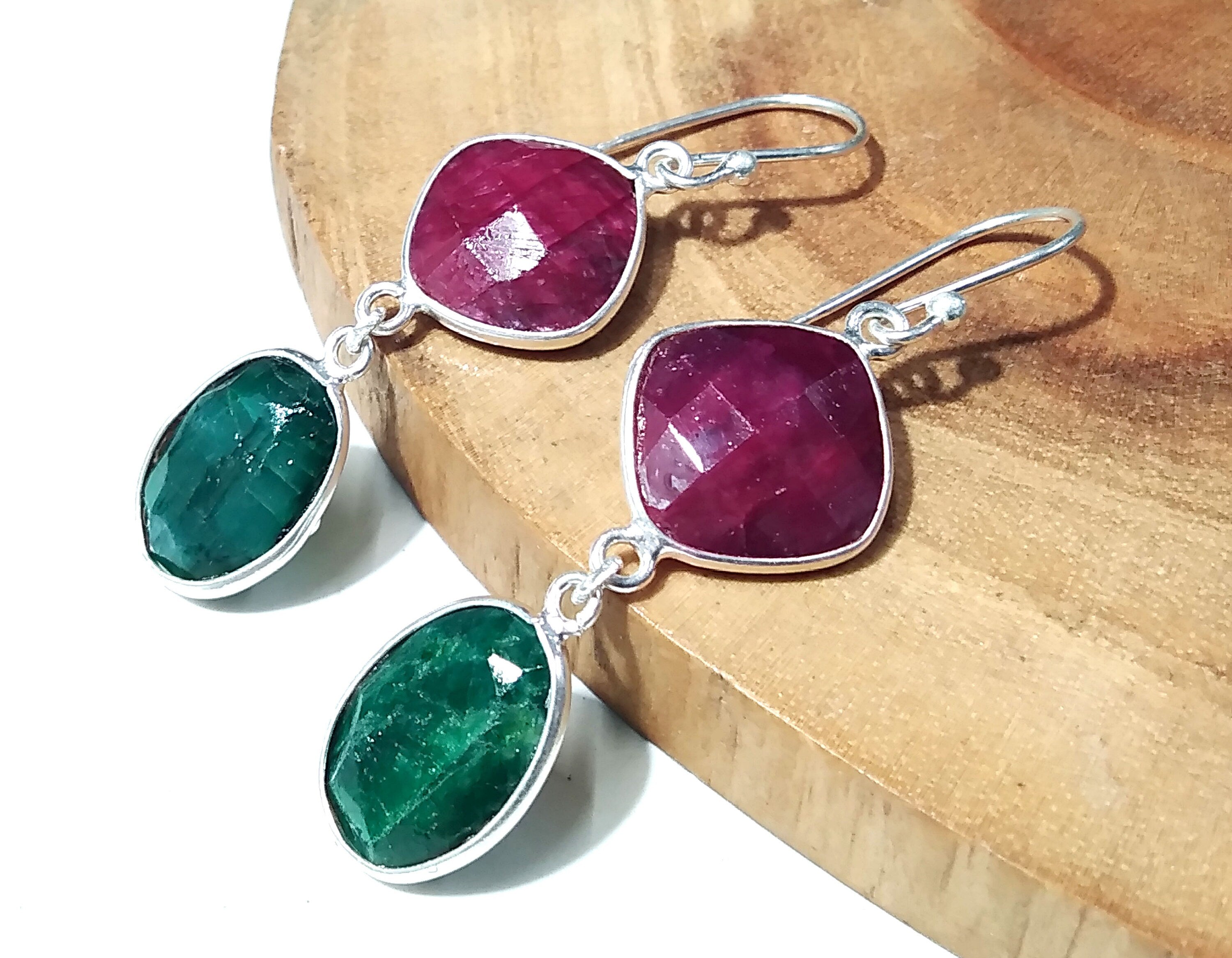 Natural Red Ruby/Emerald Stone Earring, 925 Solid Starling Silver Earring Gemstone, Gift Wedding Earring, Jewelry For Women's