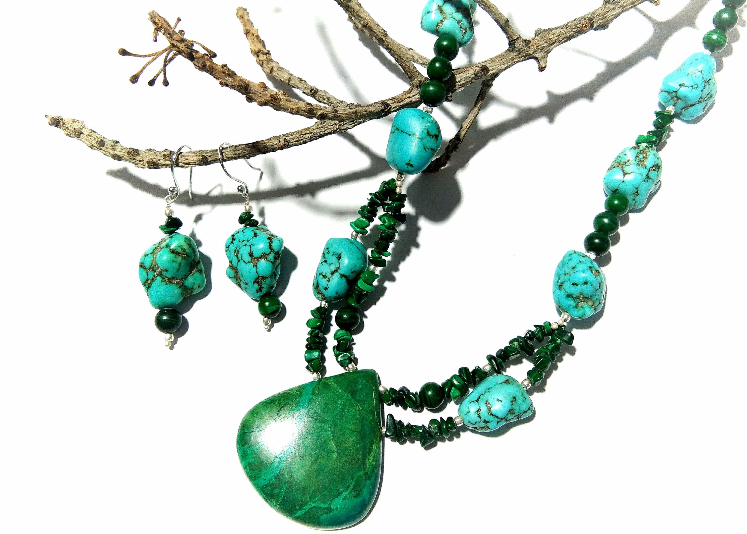 100% Natural Turquoise/Chrysocolla/Malachite Gemstone Necklace, Turquoise 925 Starling Silver Jewelry Stone Size 38x36mm to 15x12mm Necklace