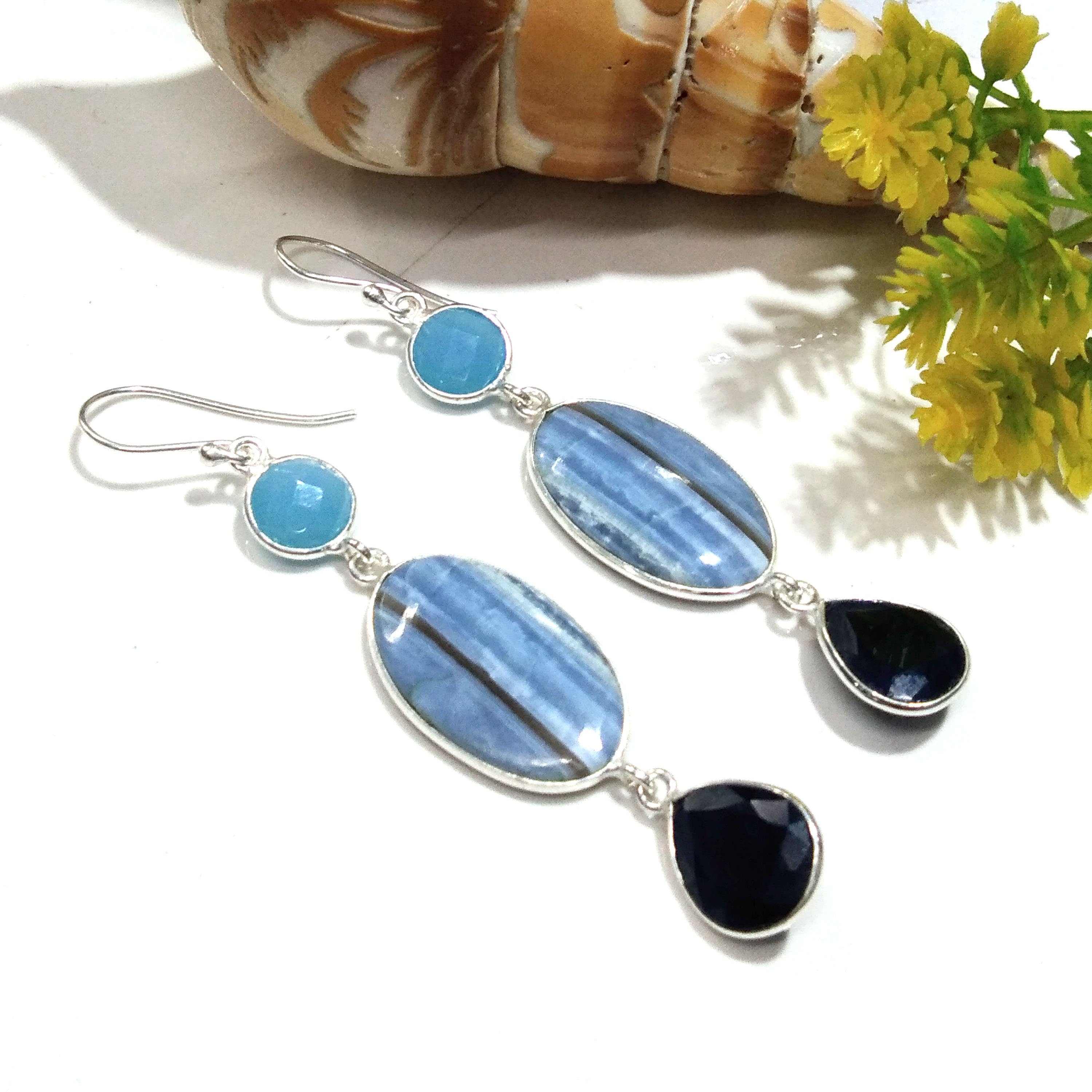 Natural Blue Opal, Blue Sapphire Gemstone Earring, 925 Solid Starling Silver Earring, Handmade Silver Jewelry Stone Earring, Gift Birthday