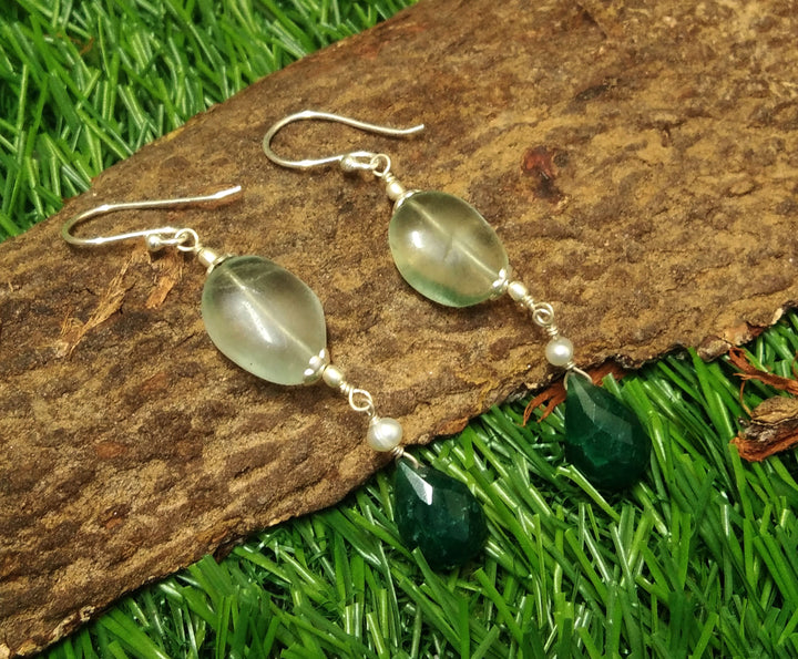 Natural Green Fluorite, Green Onyx Pearl Stone Earring, Very Beautiful Fluorite Beaded Gemstone Earring, 925 Solid Starling Silver Earring