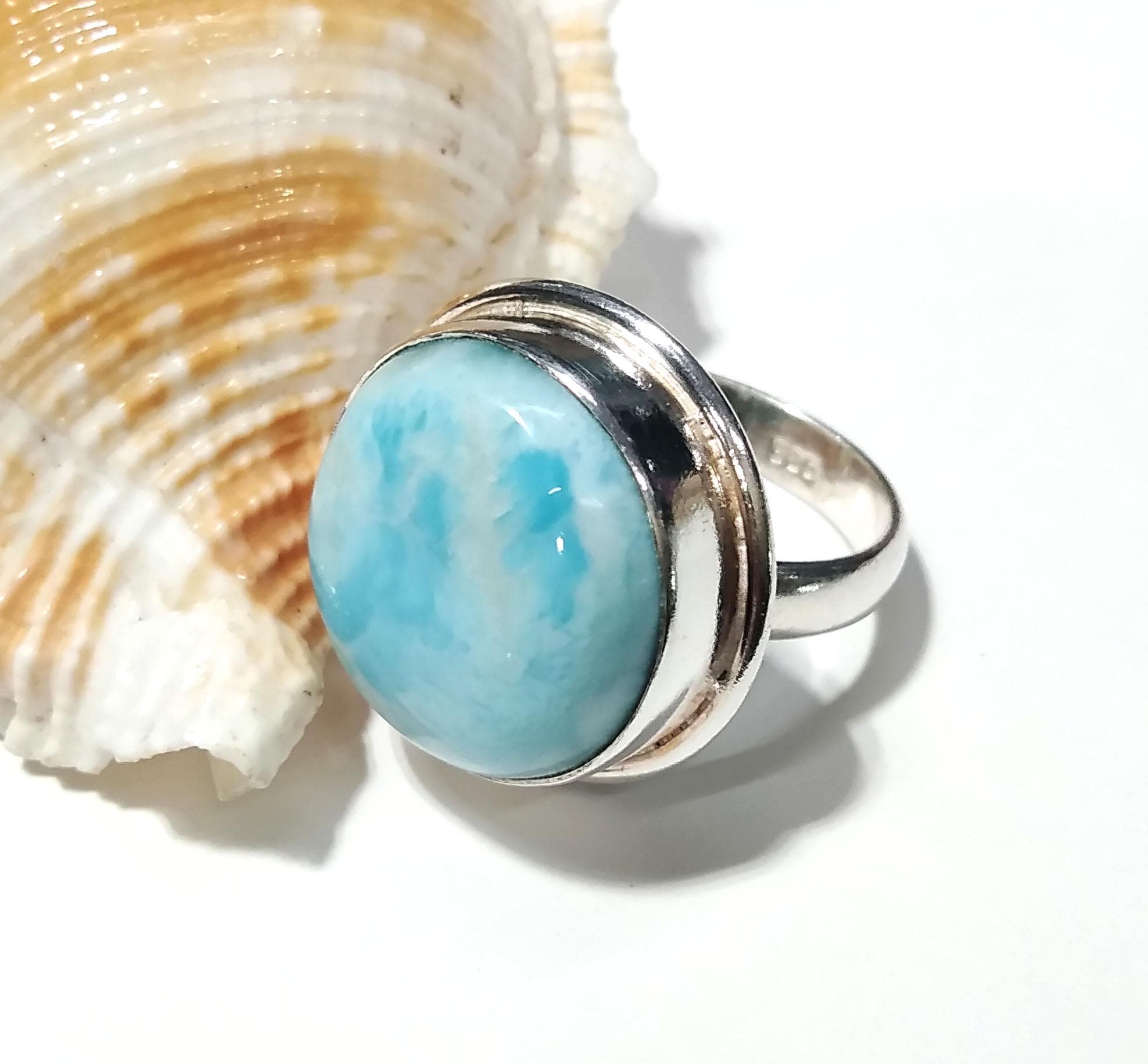 Natural Larimar Gemstone Ring, 925 Solid Starling Silver Ring Jewelry, Round Shape Stone Size 18x18 mm Handmade Silver Jewelry Ring