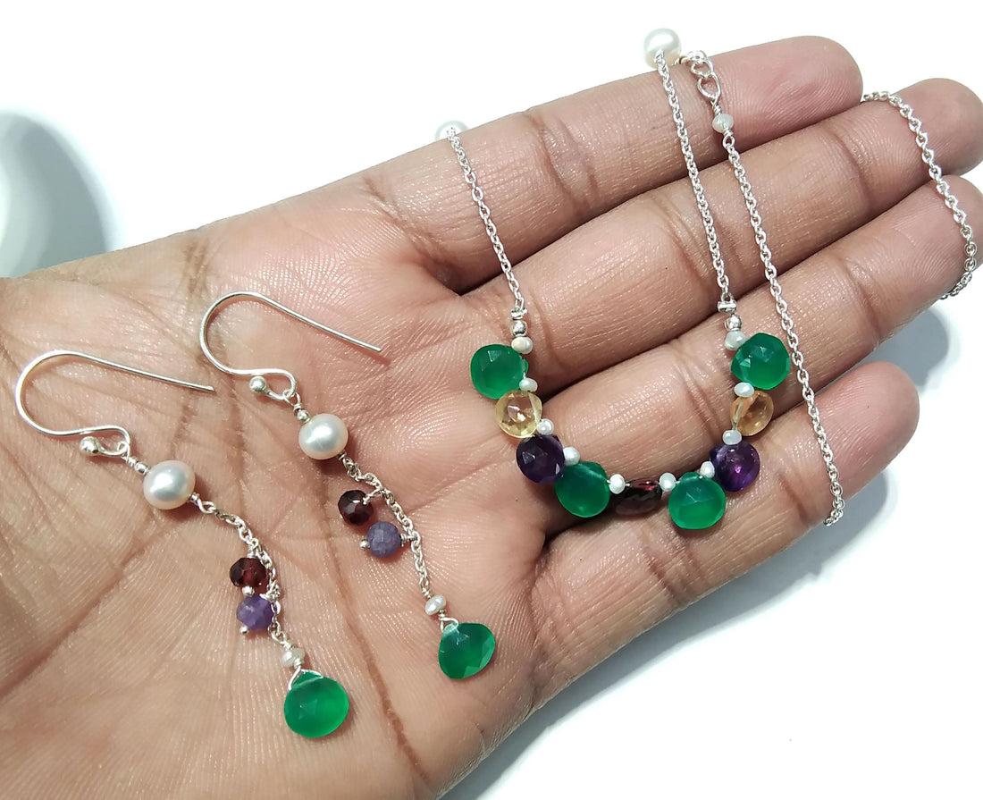 Natural Amethyst /Garnet/Green Onyx Leamon Quartz Necklace Earring Jewelry Set, 925 Sterling Silver Necklace Earrings Jewelry Gift For Her