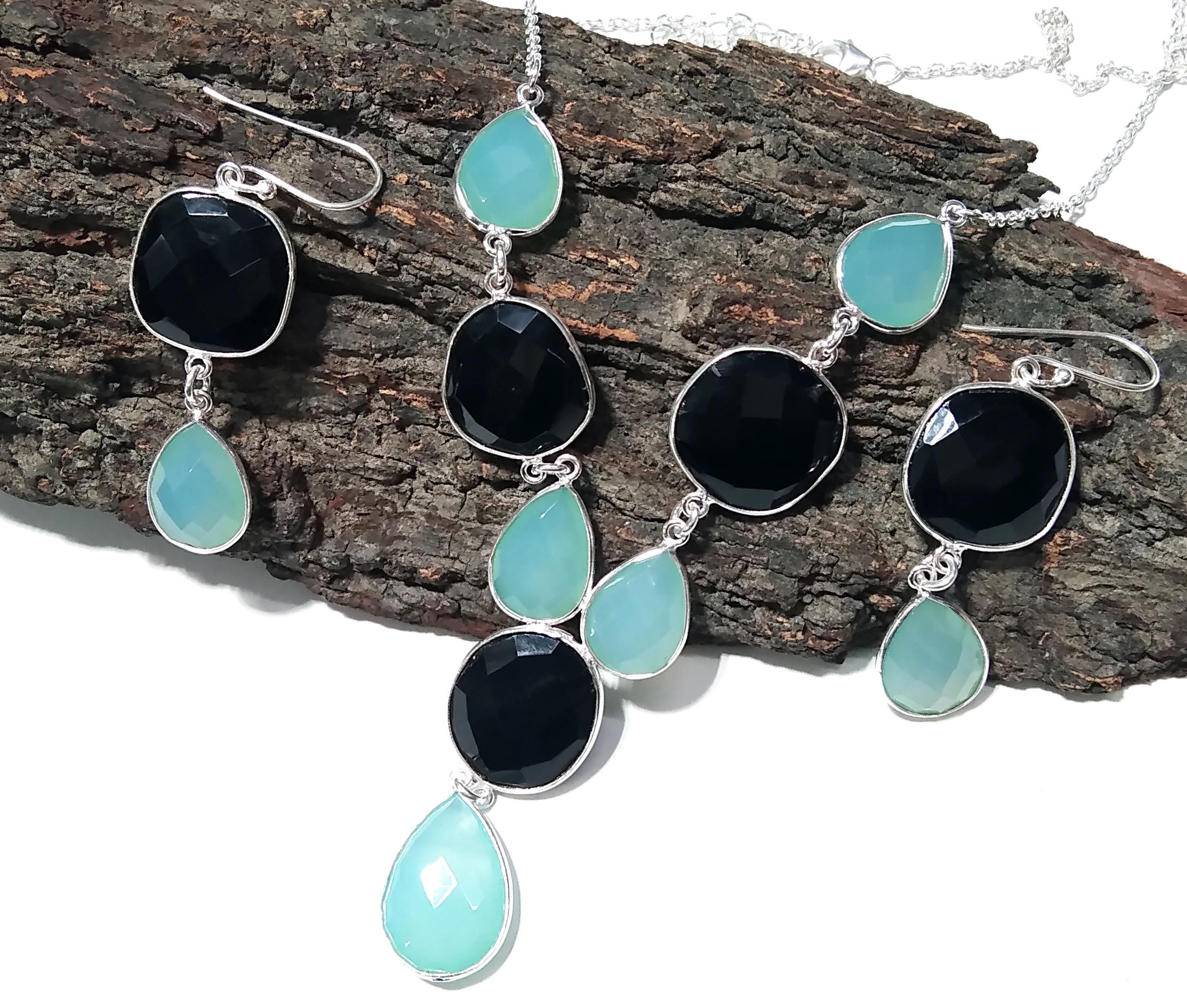 Natural Black Onyx & Chalcedony Stone Drop Earring And Necklace Jewelry Set, 925 Solid Sterling Silver Necklace Earring Jewelry Gift For Her