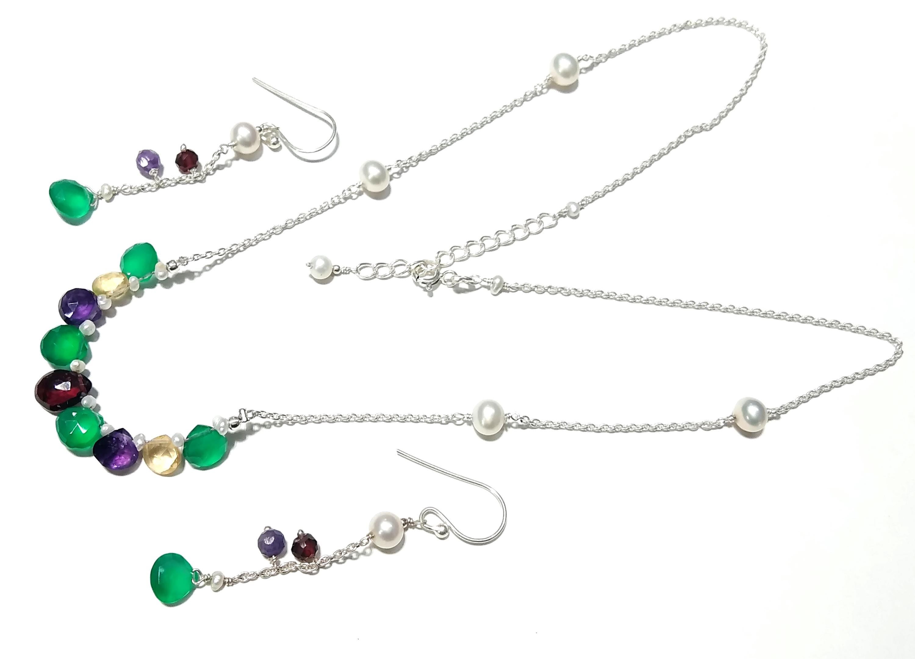 Natural Amethyst /Garnet/Green Onyx Leamon Quartz Necklace Earring Jewelry Set, 925 Sterling Silver Necklace Earrings Jewelry Gift For Her