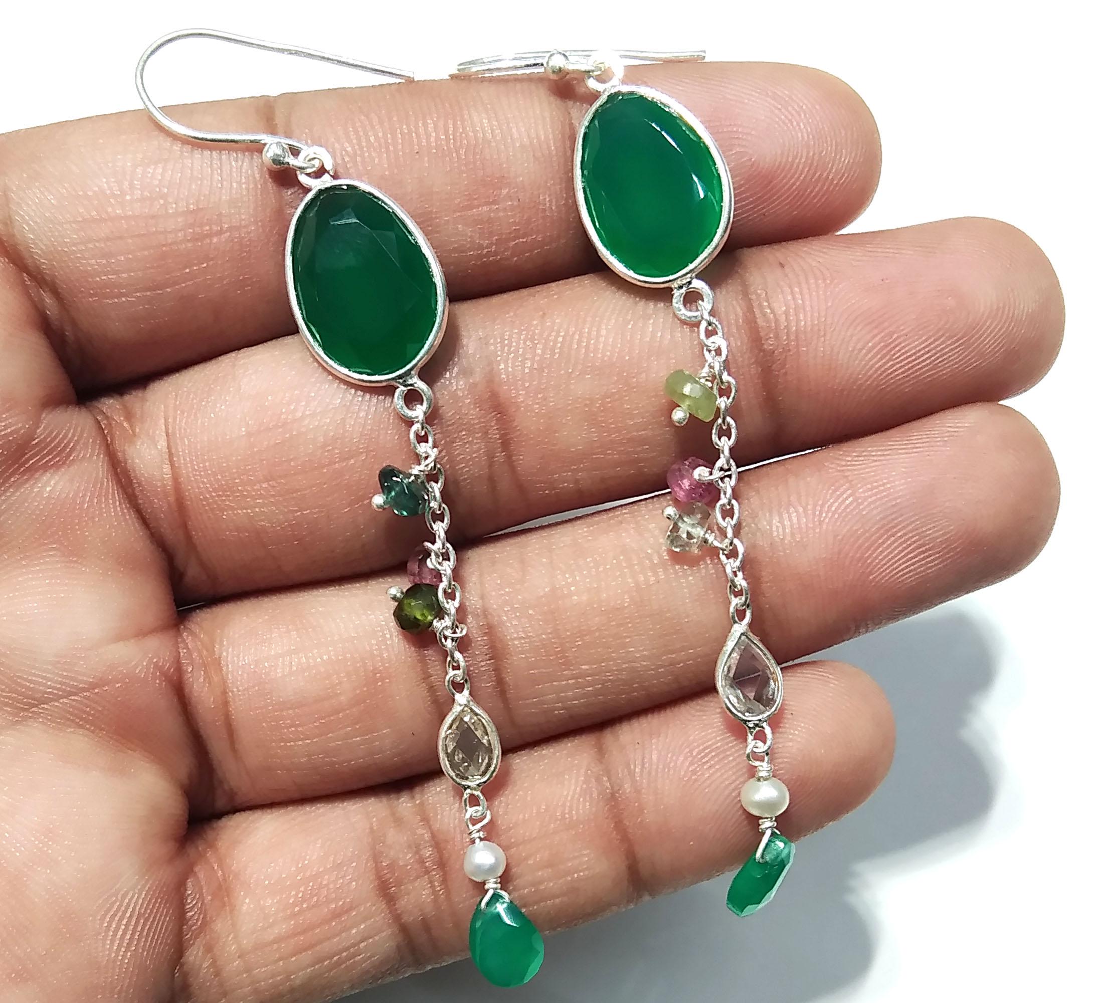 Natural Multi Tourmaline And Green Onyx Gemstone Earrings, 925 Sterling Silver Earring Handmade Making Jewelry Earring, For Girls & Women.