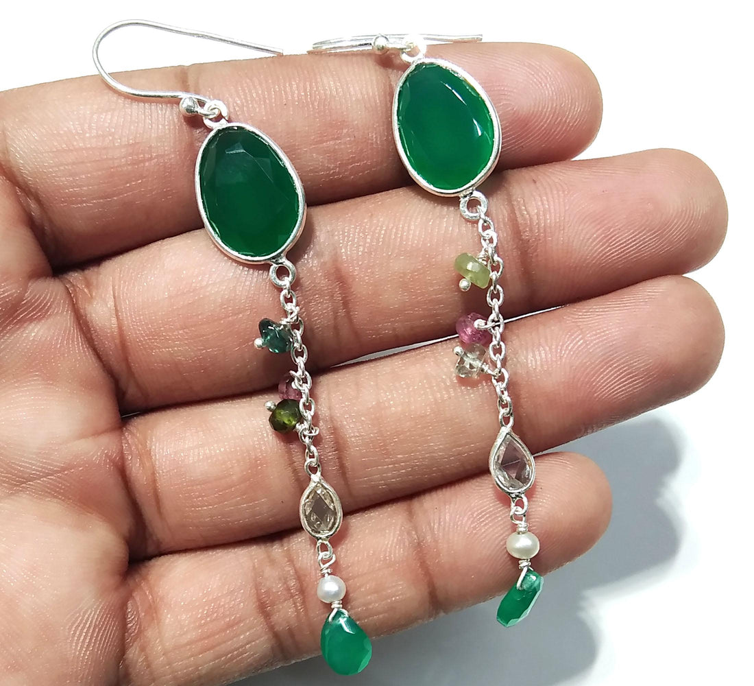 Natural Multi Tourmaline And Green Onyx Gemstone Earrings, 925 Sterling Silver Earring Handmade Making Jewelry Earring, For Girls & Women.