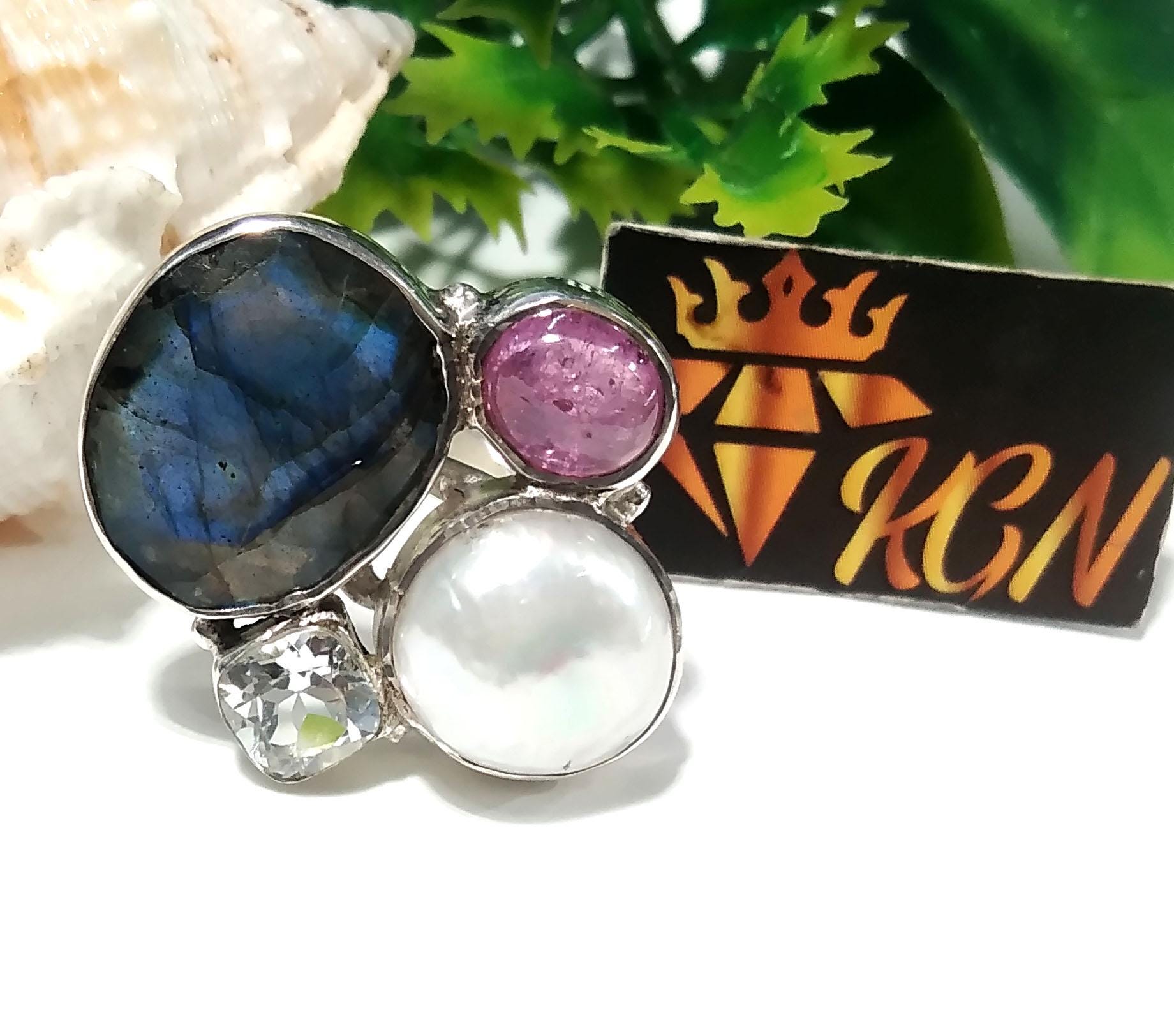 All Natural Gemstone Rings, Freshwater Pearl, Labradorite, Ruby & White Topaz Ring, 925 Starling Silver Ring, Handmade Silver Ring Jewelry