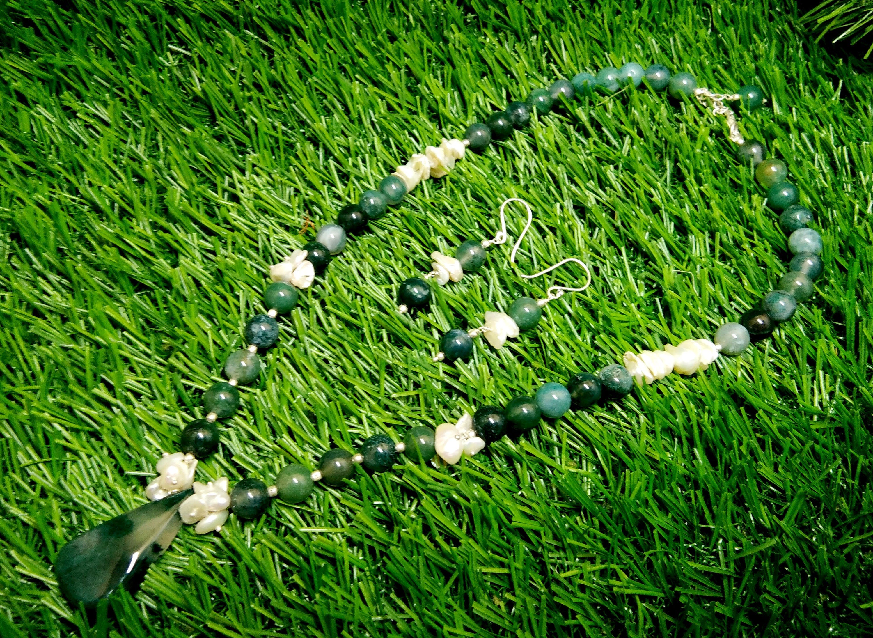 Natural Moss Agate/Pearl Gemstone Beads Necklace Set Jewelry, 925 Sterling Silver Necklace, Beaded Necklace Statement Gift Jewelry