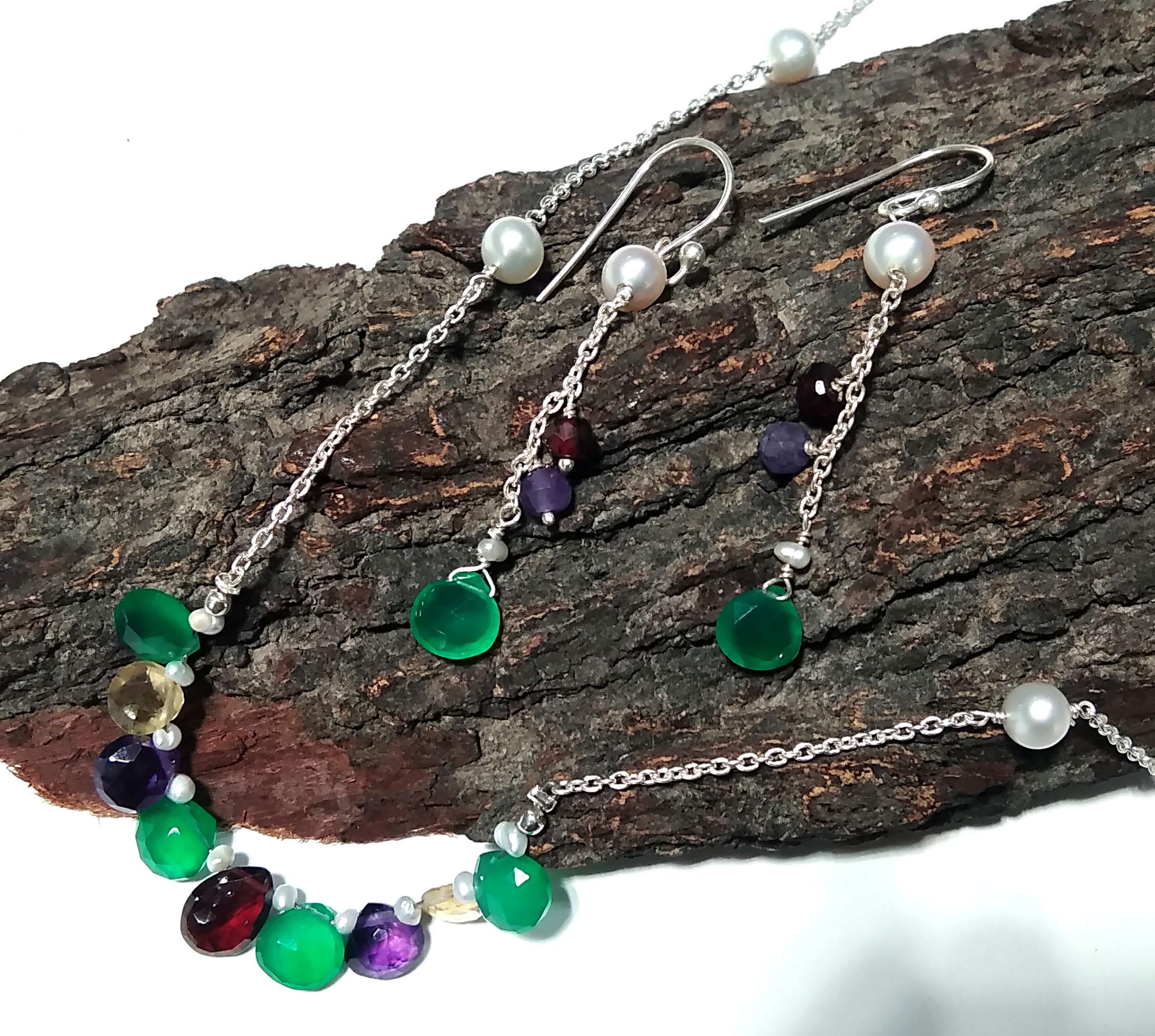 Natural Amethyst /Garnet/Green Onyx Leamon Quartz Necklace Earring Jewelry Set, 925 Sterling Silver Necklace Earrings Jewelry Gift For Her