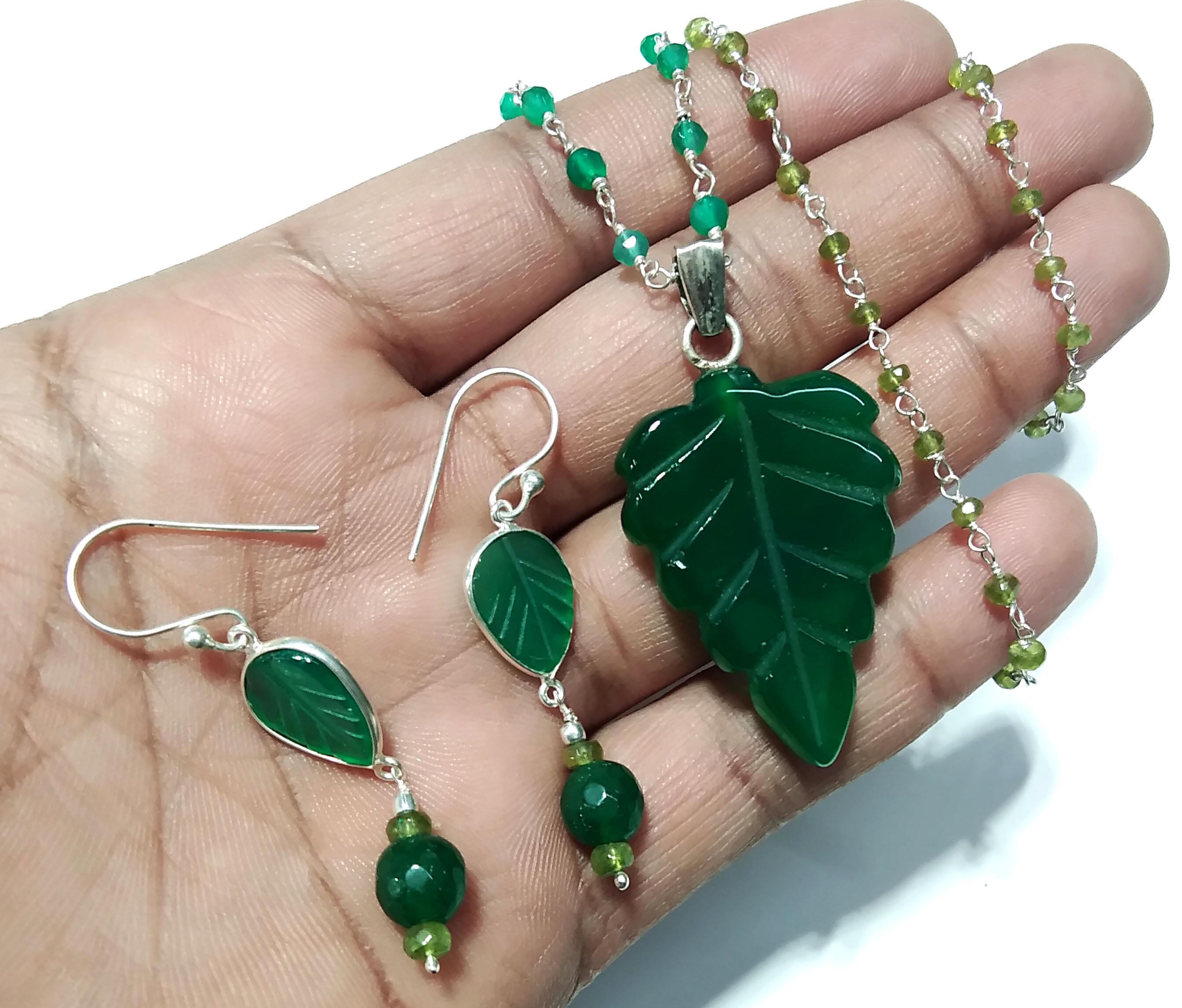 Natural Green Onyx Carving Gemstone Beads Necklace Earring Jewelry Set, 925 Sterling Silver Necklace Beaded Necklace Statement For Jewelry