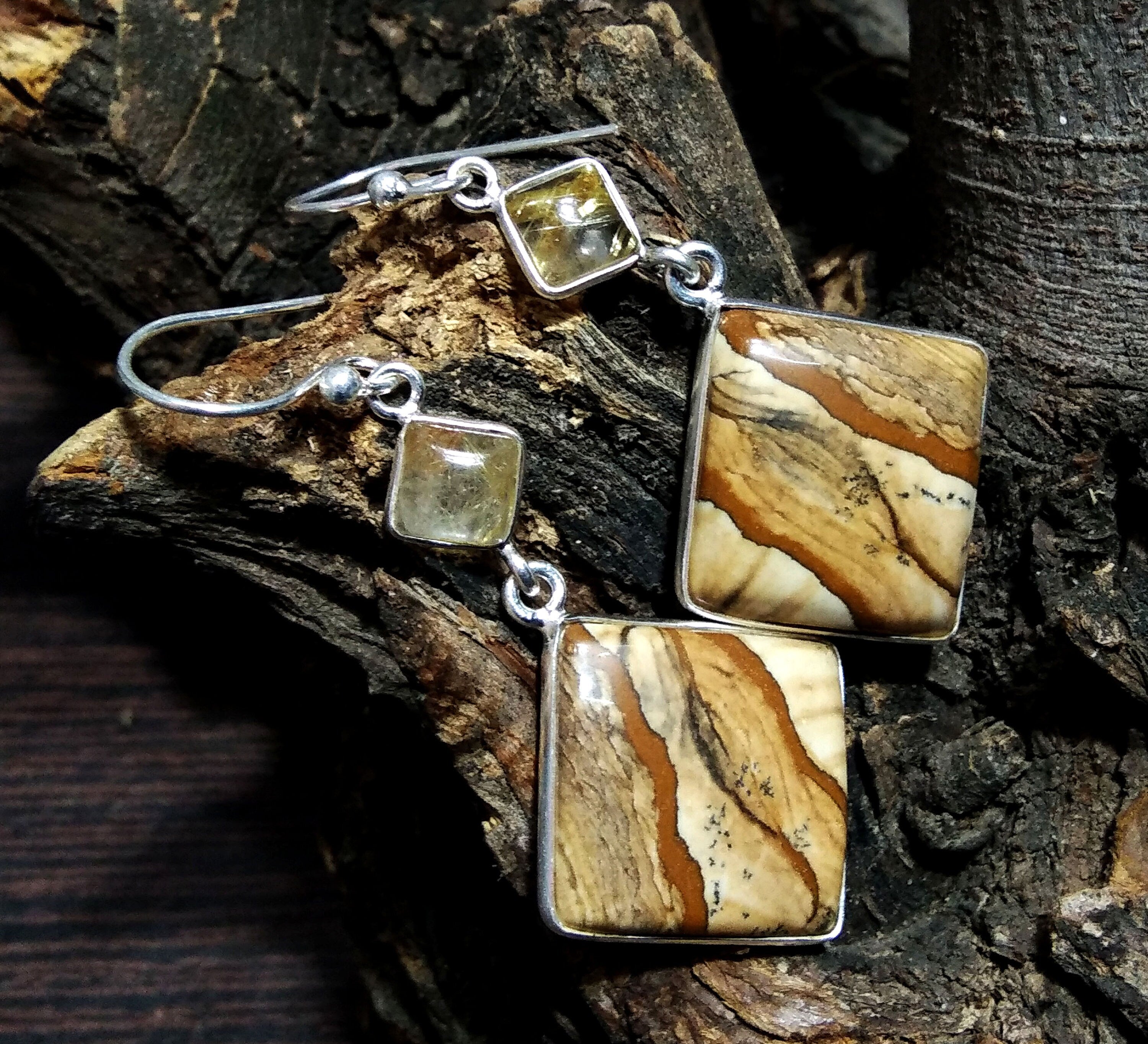 Natural Pitcher Jasper,Golden Rutile Gemstone Drop Earring, 925 Solid Starling Silver Earring, Stone Size 22x22 mm Earrings Women Jewelry