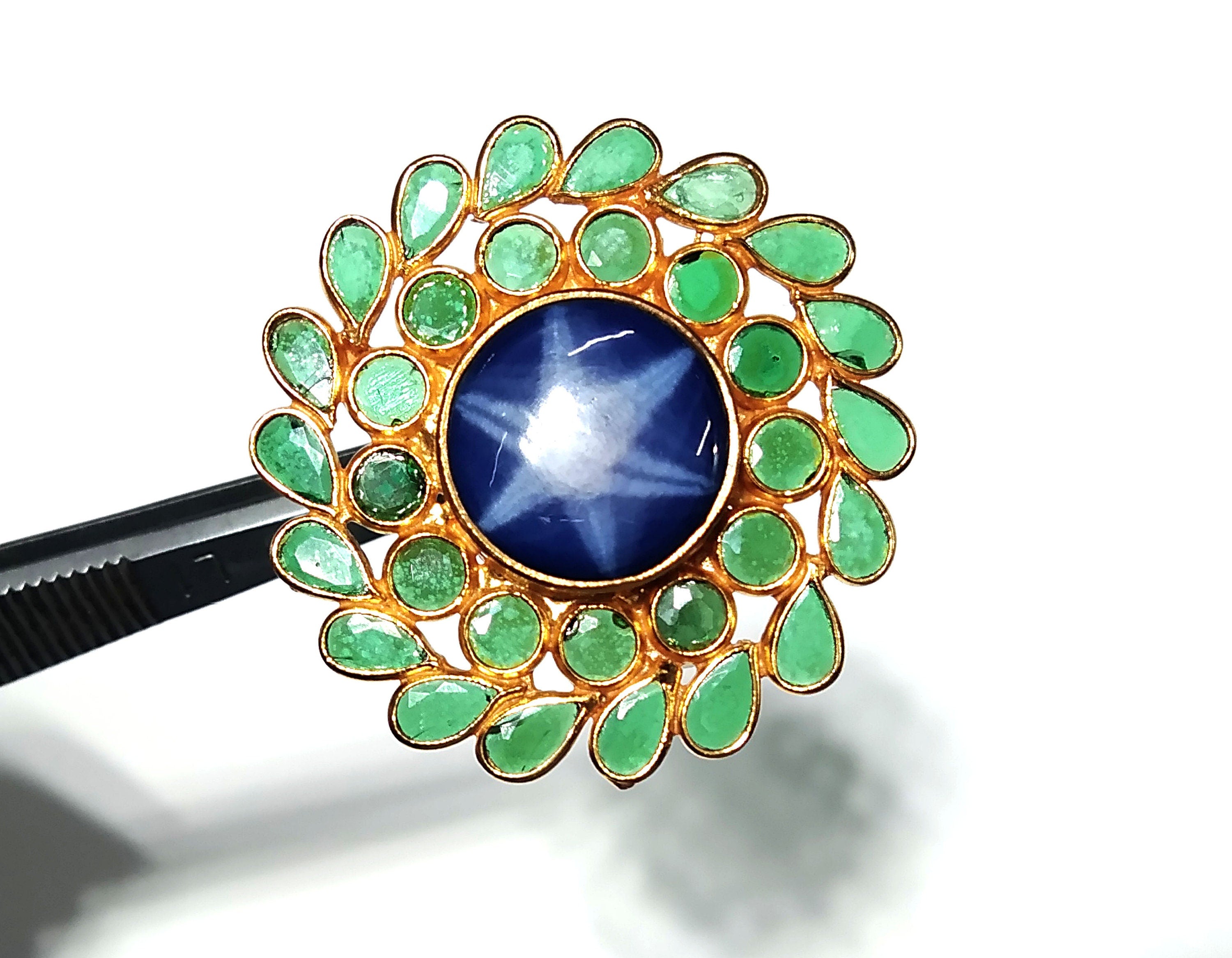 Natural Blue Sapphire Lindy Star & Green Zircon Polki Ring, 925 Silver With Gold Plated Ring, Handmade Jewelry Ring, Gift For Girls/Women