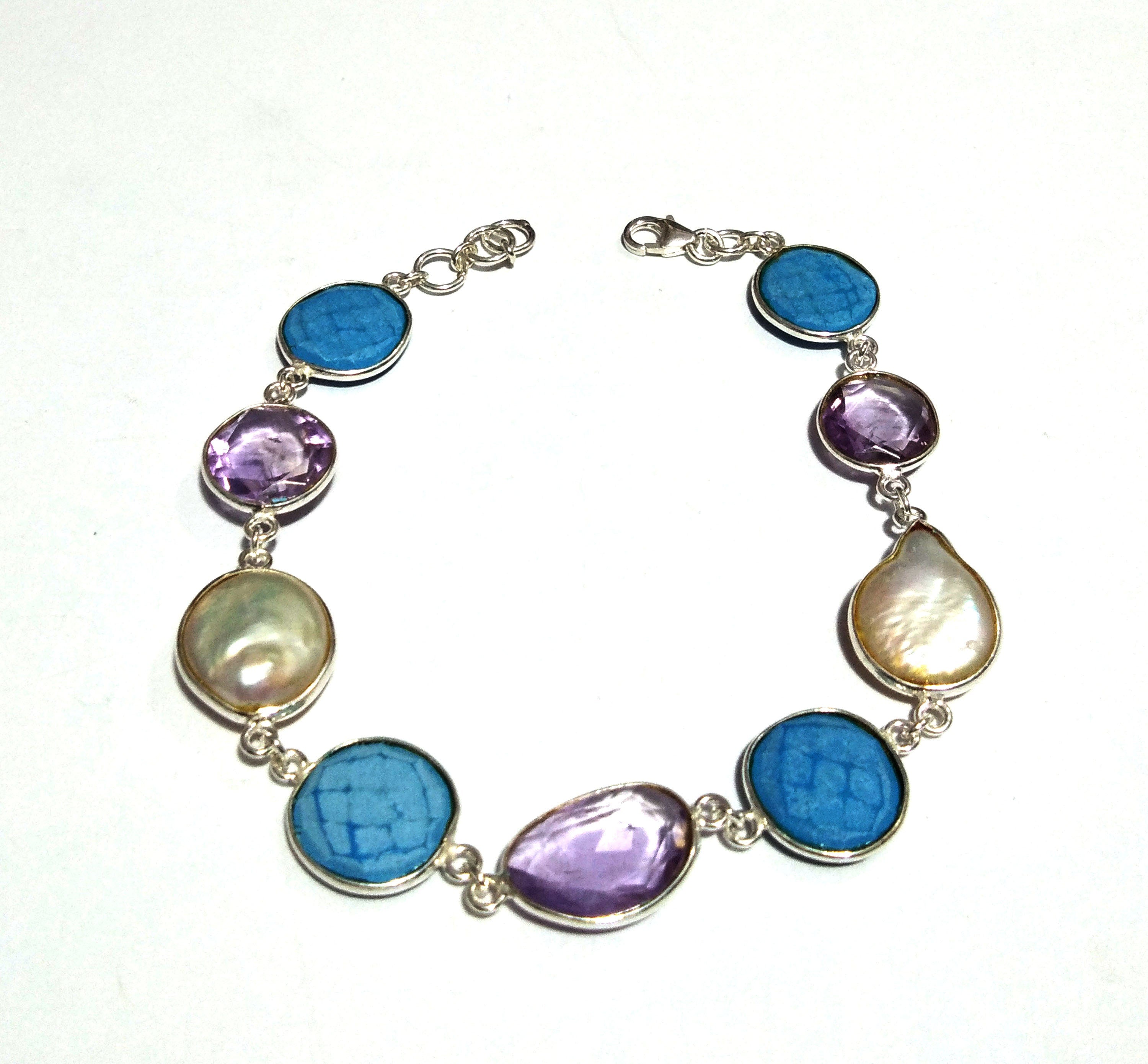 Amethyst/Water Baroque Pearl/Turquoise Stone Bracelet, 925 Sterling Silver Bracelet 8 inche Stone Size 12x12mm Valentine day Bracelet