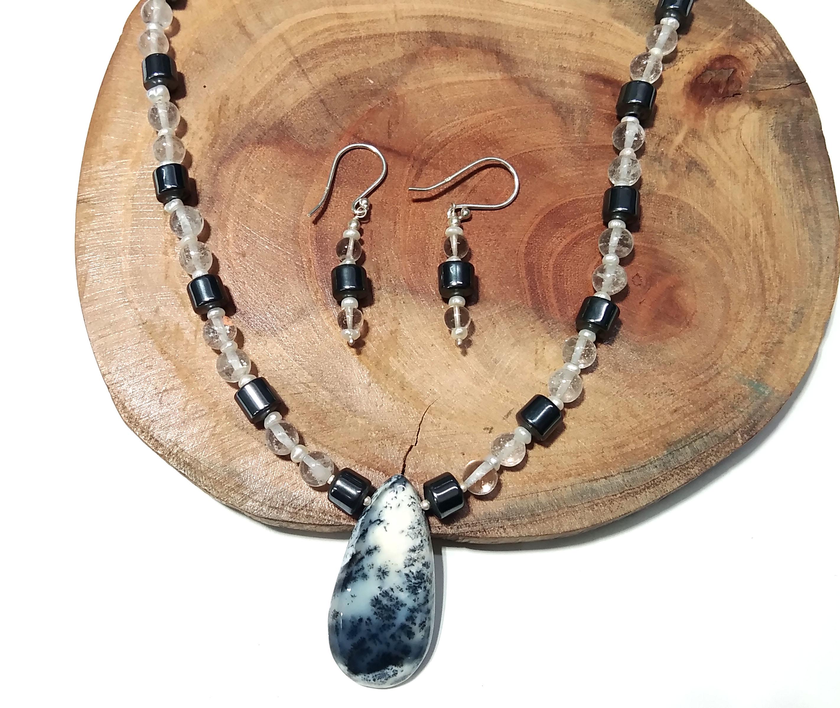 Natural Dendrite Opal/Crystal Gemstone Beads Necklace Set Jewelry, 925 Sterling Silver Necklace, Beaded Necklace Statement for Gift Jewelry