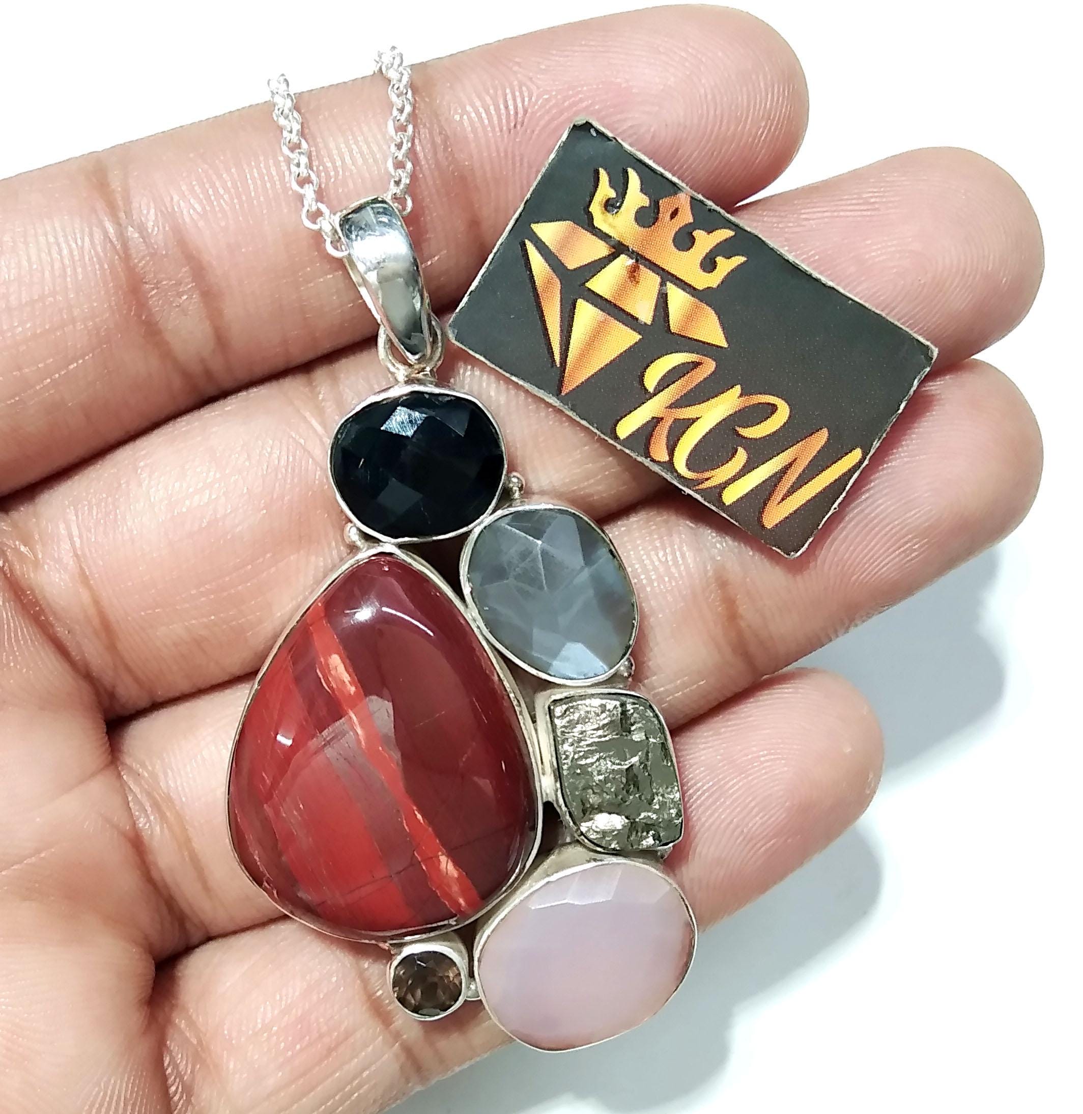 ALL Natural Gemstone Pendant, Red Jasper With Real Multi Stone Pendant, 925 Starling Silver Jewelry Pendant, Handmade Chain Necklace Pendant