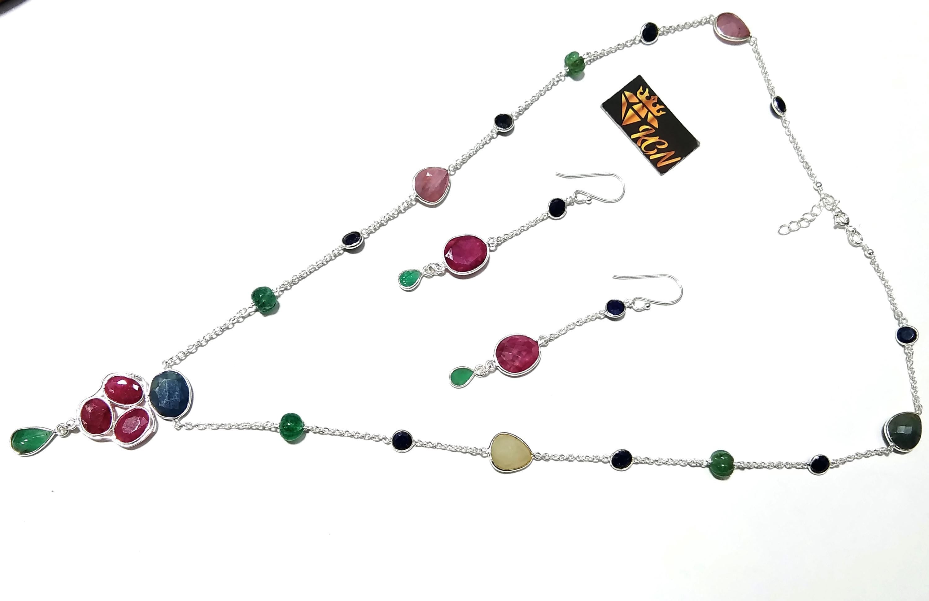 Natural Red Ruby/Multi Tourmaline Gemstone Necklace Earring Jewelry Set, 925 Sterling Silver Necklace Earring Jewelry Gift For Girls & Women