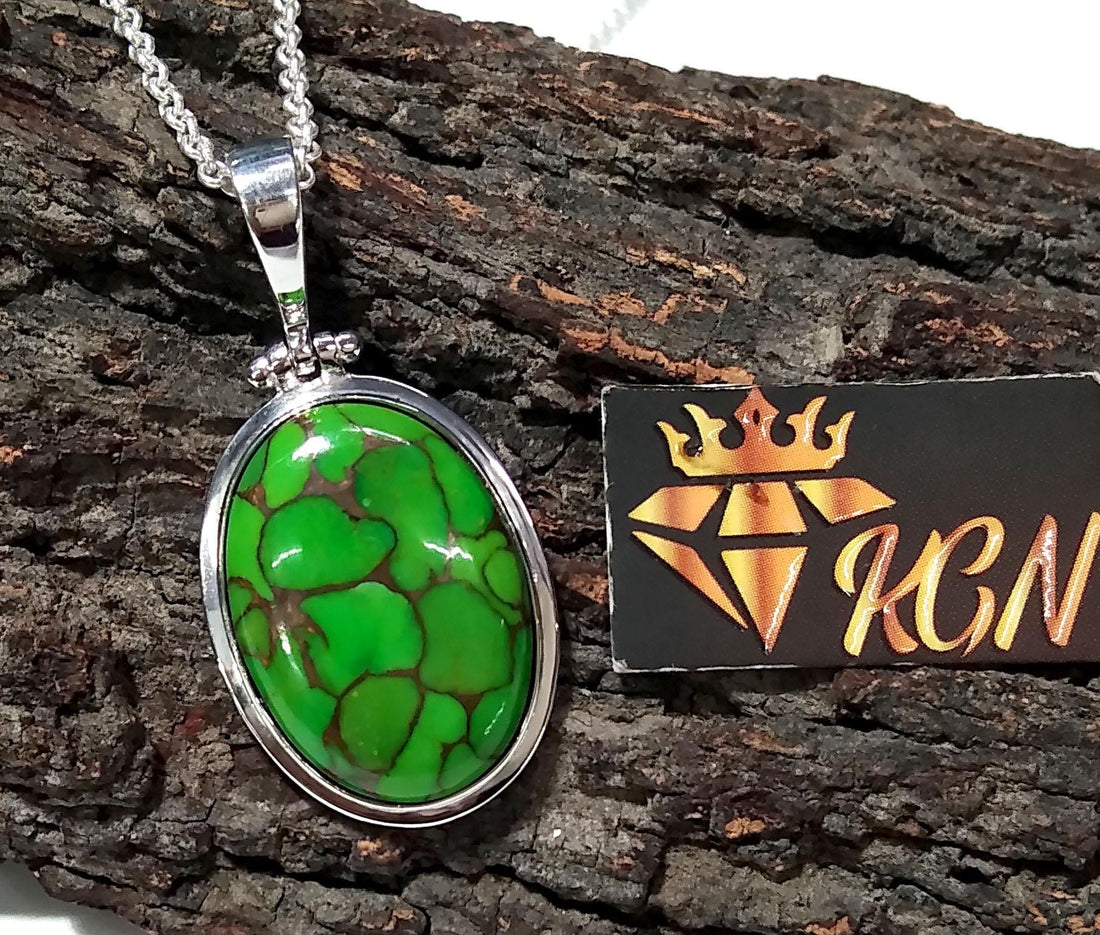 Natural Green Copper Turquoise Pendant Chain Necklace, 925 Starling Silver Pendant, Nice Green Color Pendant, Gift Wedding Pendant Jewelry
