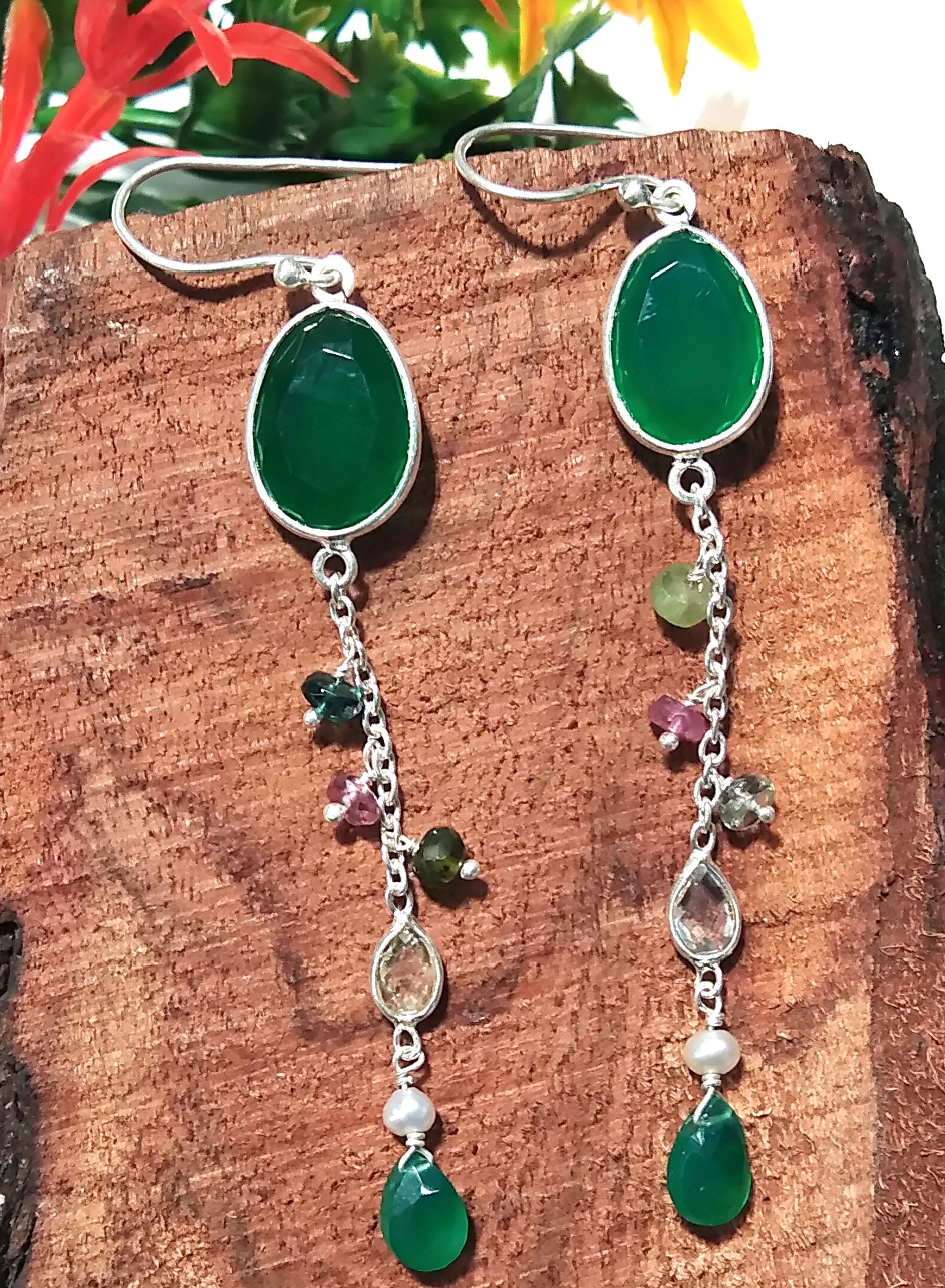Natural Multi Tourmaline And Green Onyx Gemstone Earrings, 925 Sterling Silver Earring Handmade Making Jewelry Earring, For Girls & Women.