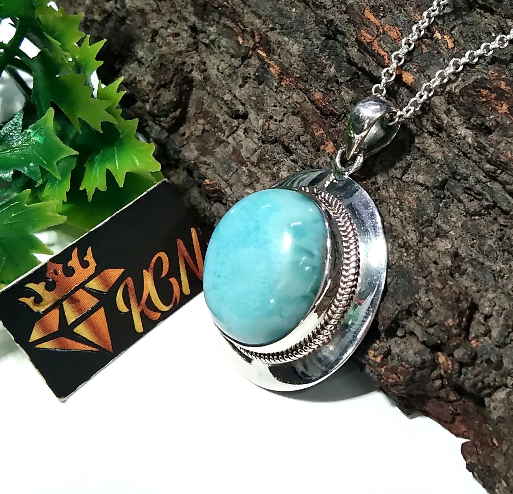 Larimar Chain Pendant Necklace, 925 Sterling Silver Pendant, Silver Designer Handmade Pendant, Marbled Round Shape Larimar Gemstone Pendant
