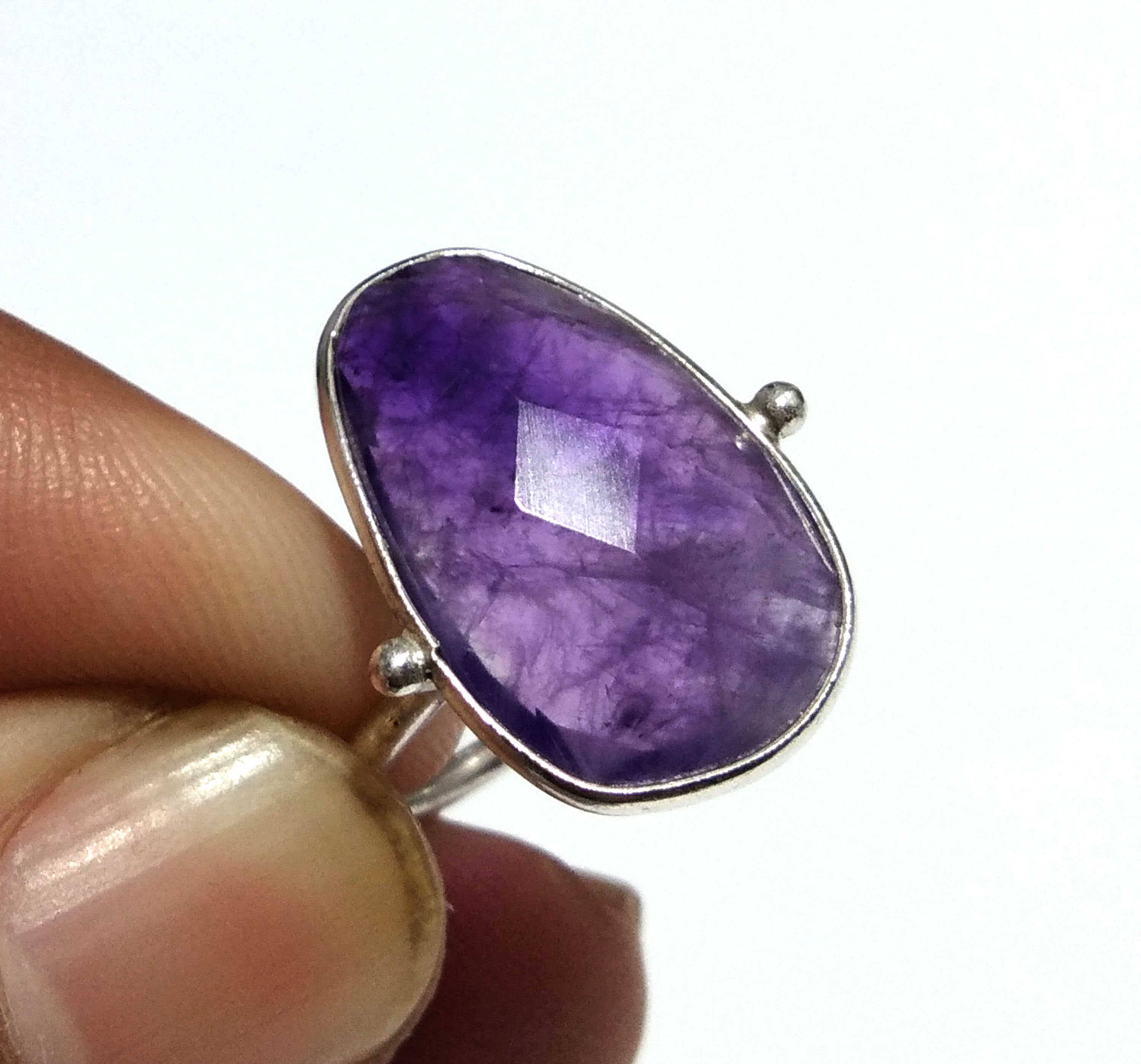 Amethyst Checker Cut Stone Ring, 925 Starling Silver Ring, Gemstone Size 18x14mm Natural Purple Amethyst Stone Gift Wedding Ring Jewelry