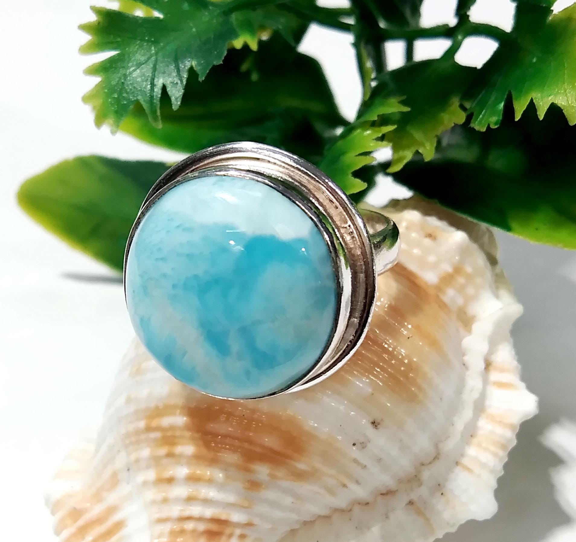 Natural Larimar Gemstone Ring, 925 Solid Starling Silver Ring Jewelry, Round Shape Stone Size 18x18 mm Handmade Silver Jewelry Ring