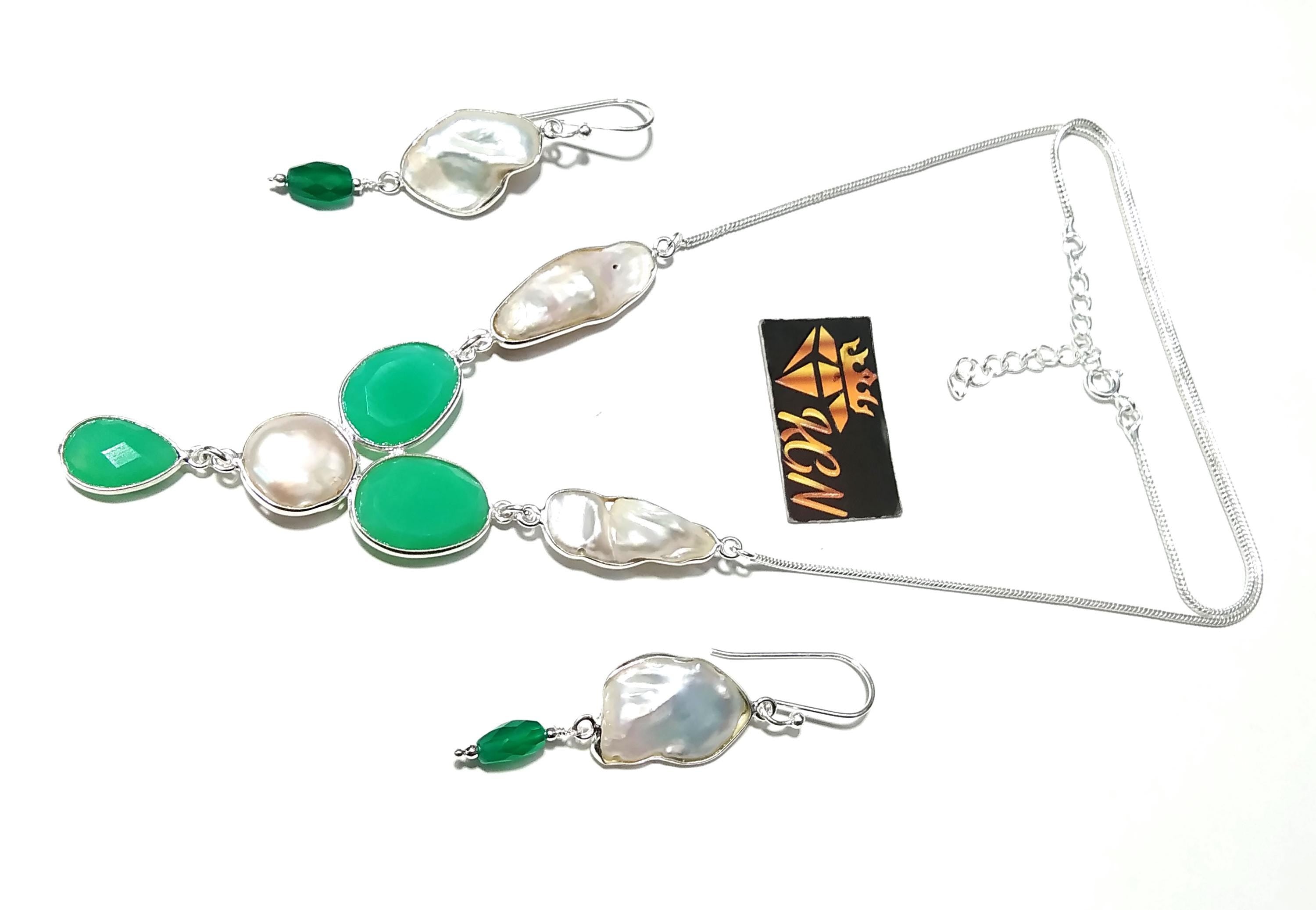 Natural Fresh Water Pearl/Chrysoprase Stone Necklace Earring Jewelry Set, 925 Sterling Silver Necklace Jewelry, Necklace Set For Women