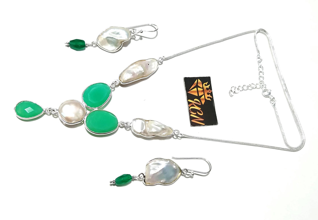 Natural Fresh Water Pearl/Chrysoprase Stone Necklace Earring Jewelry Set, 925 Sterling Silver Necklace Jewelry, Necklace Set For Women