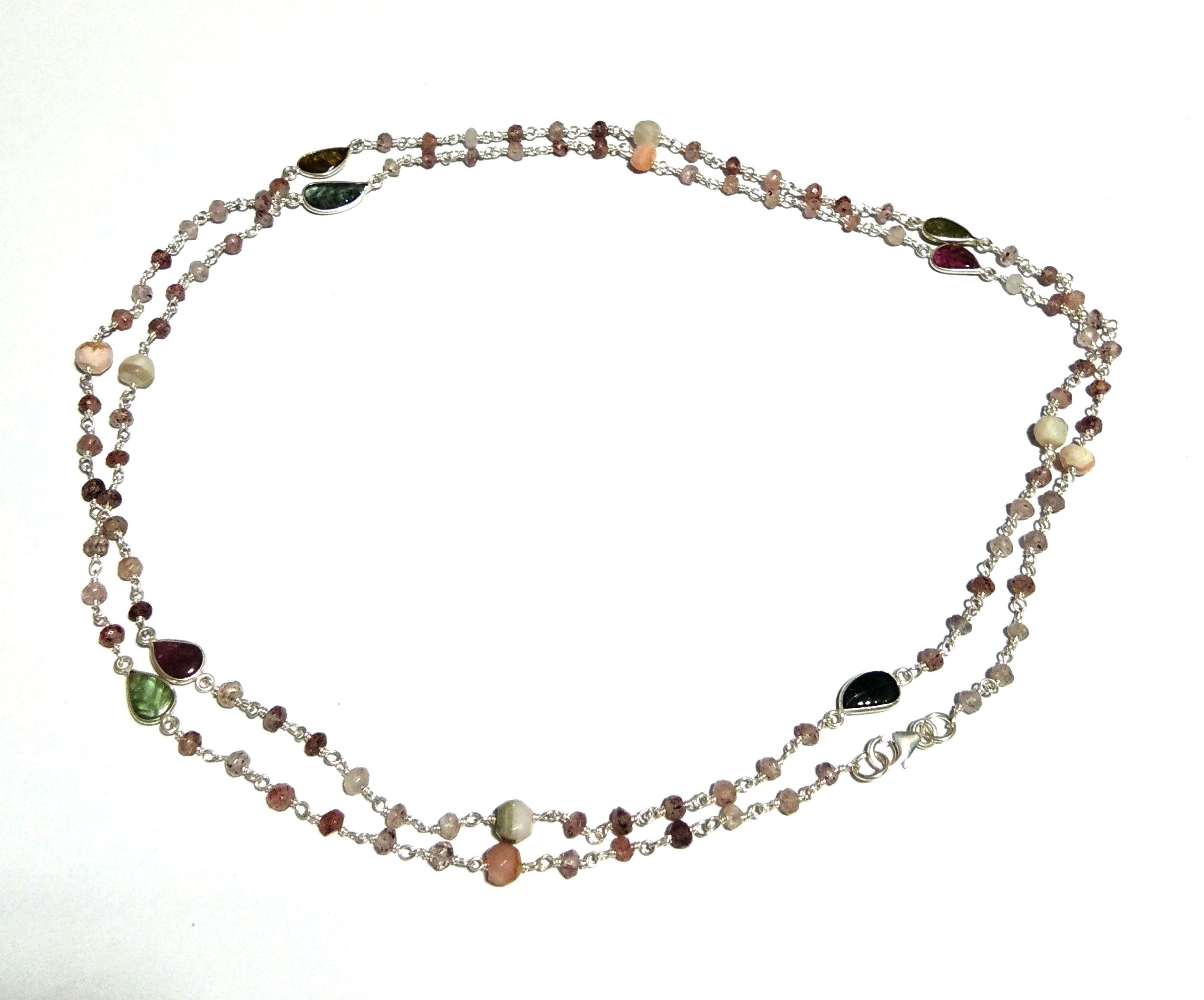 Natural Cherry Quartz/Tourmaline Carving Beads Stone Chain Necklace, 925 Starling Silver Chain 44''Inches Gift Beads Chain Necklace Jewelry