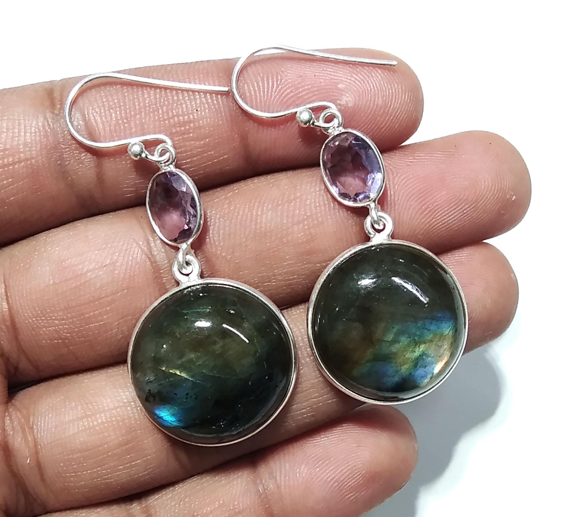 Labradorite, Amethyst Gemstone Earring, 925 Solid Starling Silver Earring, Natural Labradorite Stone Size 20x20mm Gift For Girls & Women.