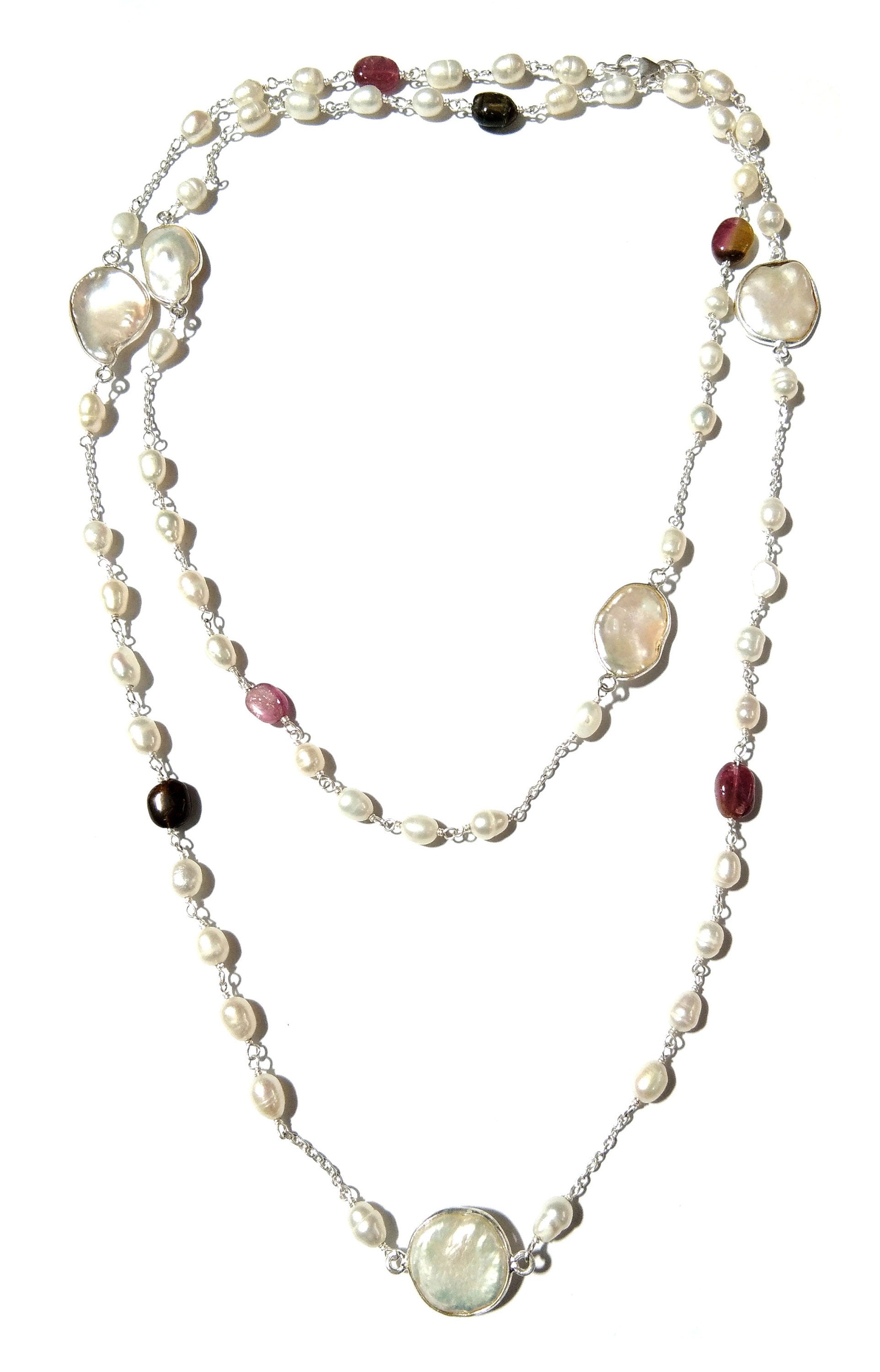 Log Chain Necklace ! Natural Pearl & Tourmaline Beaded Necklace, 925 Starling Silver Log Necklace, 36''Inches Length.