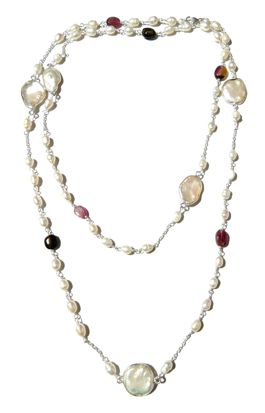 Log Chain Necklace ! Natural Pearl & Tourmaline Beaded Necklace, 925 Starling Silver Log Necklace, 36''Inches Length.