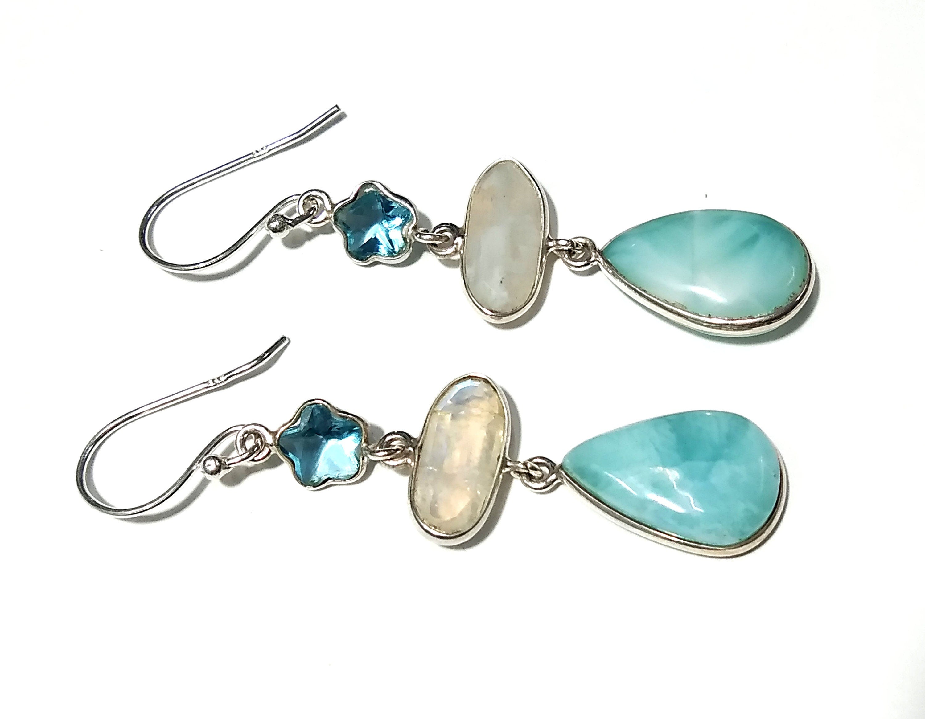 Natural Larimar,Rainbow Moonstone,Blue Topaz Stone Drop Earring, 925 Starling Silver Earring, Larimar Gemstone Wedding Earring, For Woman