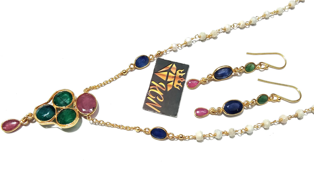 Natural Emerald/Red Ruby/Tanzanite Gemstone Necklace Earring Jewelry Set, 925 Sterling Silver With Gold Plated Necklace Beads Necklace Set