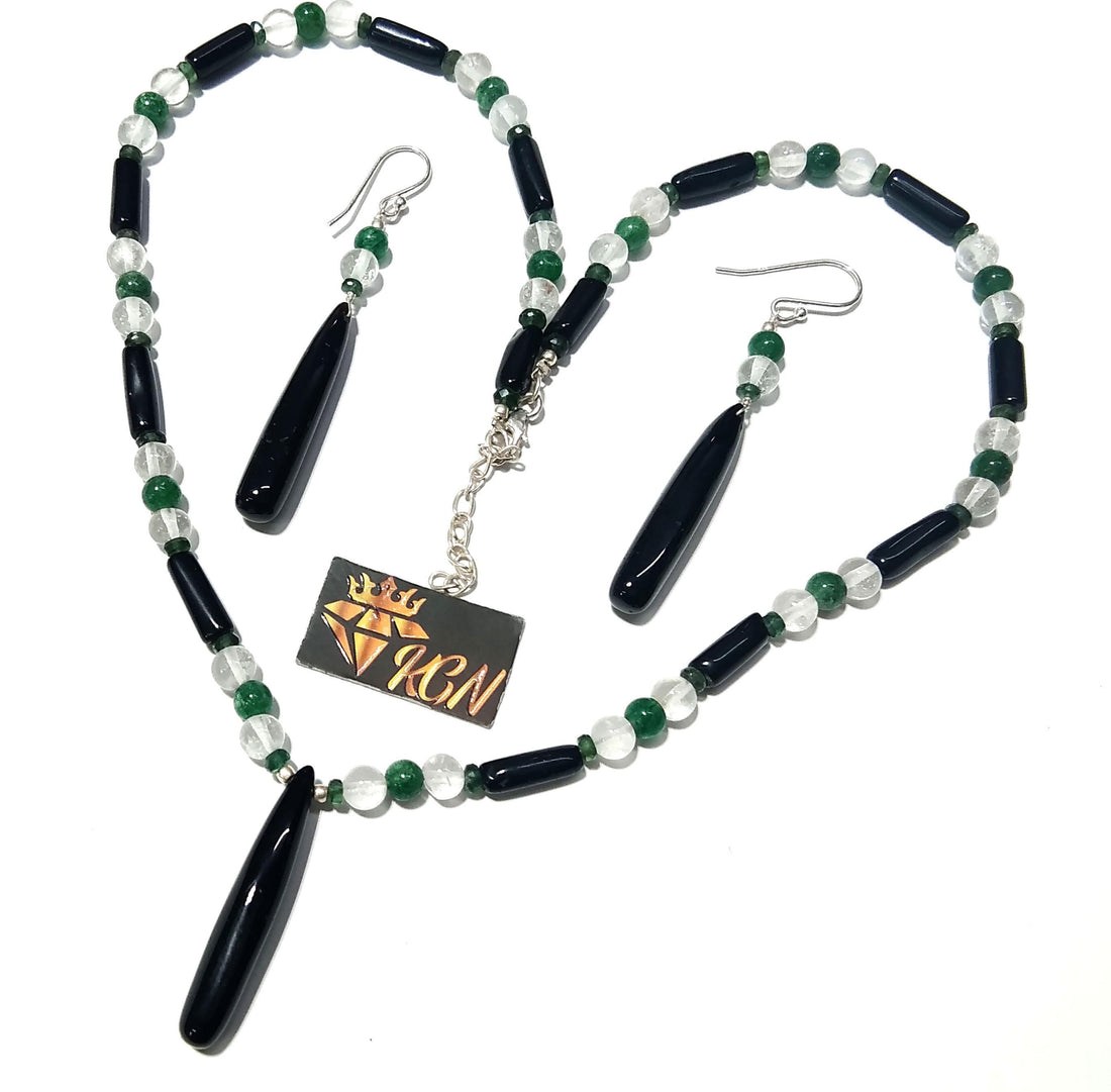 Natural Black Onyx/Crystal Beads Necklace Earring Set Jewelry, 925 Sterling Silver Necklace, Gemstone Necklace, Statement For Gift Jewelry