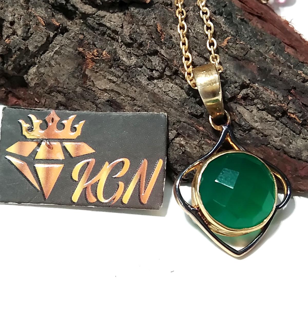 Natural Green Onyx Checker Cut Stone Chain Pendant, 925 Starling Silver Gold/Black Plated Pendant Jewelry Round Shape Gift Easter Pendant