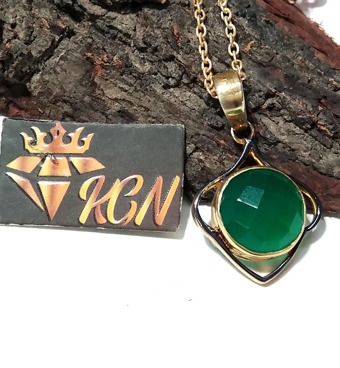Natural Green Onyx Checker Cut Stone Chain Pendant, 925 Starling Silver Gold/Black Plated Pendant Jewelry Round Shape Gift Easter Pendant