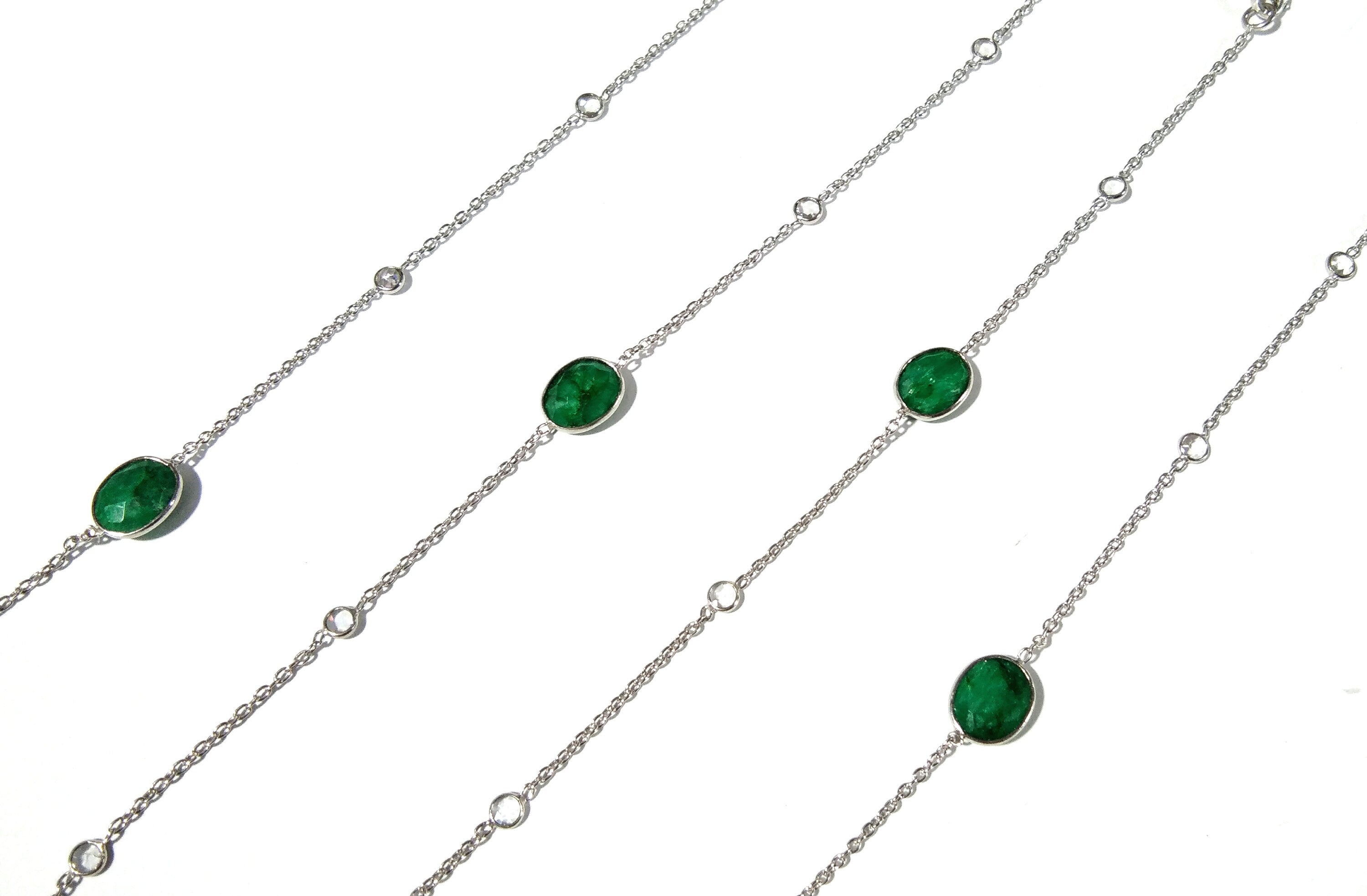 Emerald Necklace Chain,  925 Sterling Silver With Zircon Polky Necklace, Handmade Bezel Necklace, 40" Inches Length.