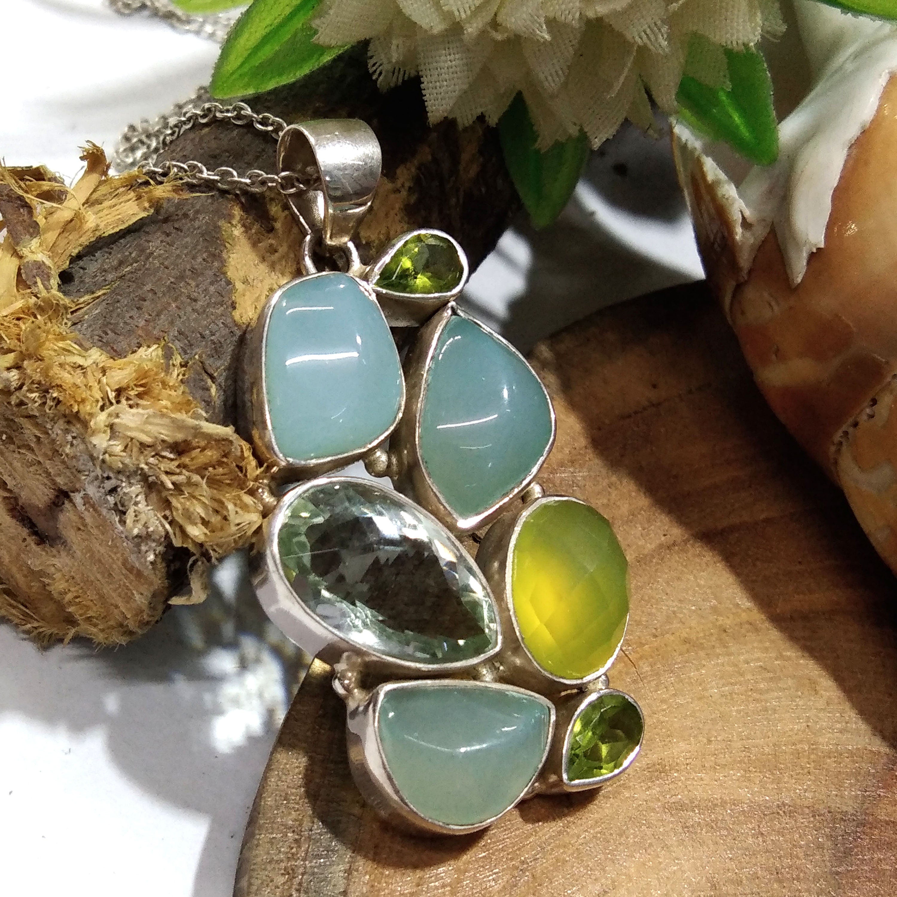 Natural Aqua Chalcedony,Green Amethyst,Peridot Gemstone Pendant Necklace Chain, 925 Starling Silver Pendant Necklace, Handmade Stone Pendant