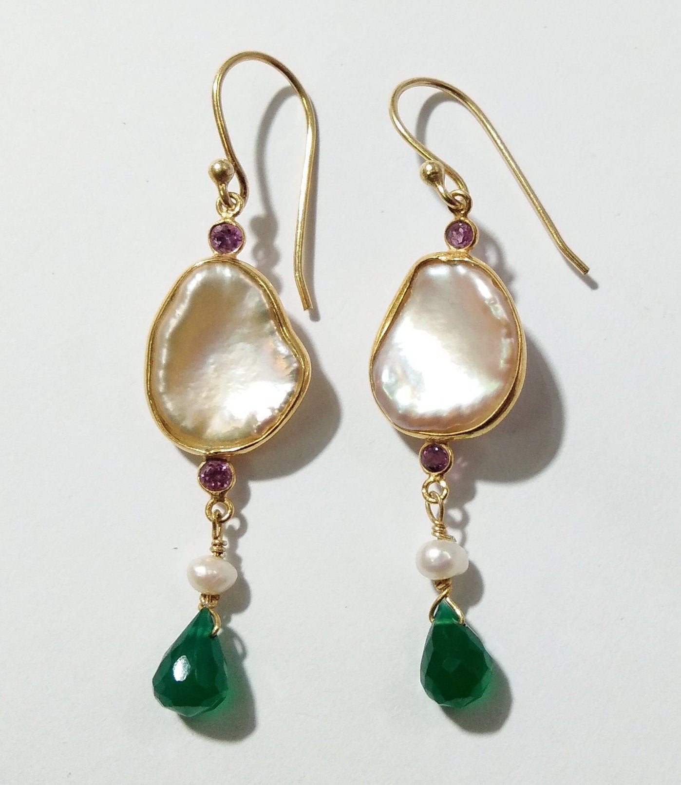 Natural Pearl, Garnet, Green Onyx Stone Earring, 925 Sterling Silver With Gold Plated & Delicate Earring, Handmade Earring Wedding Jewelry