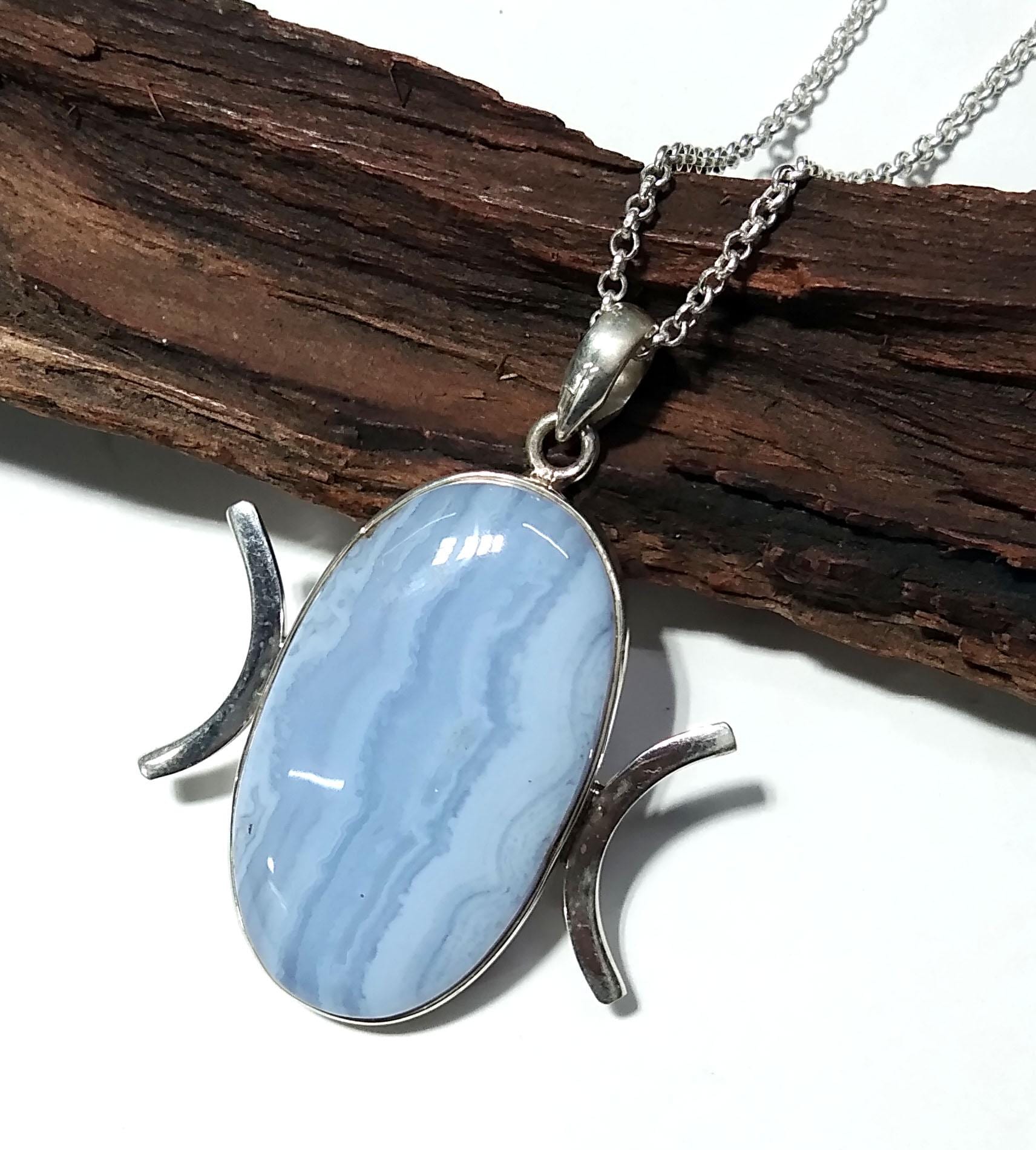 Natural Blue Lace Agate Gemstone Chain Pendant, 925 Sterling Silver Pendant Jewelry, Silver Designer Handmade Pendant, Gift Birthday Pendant